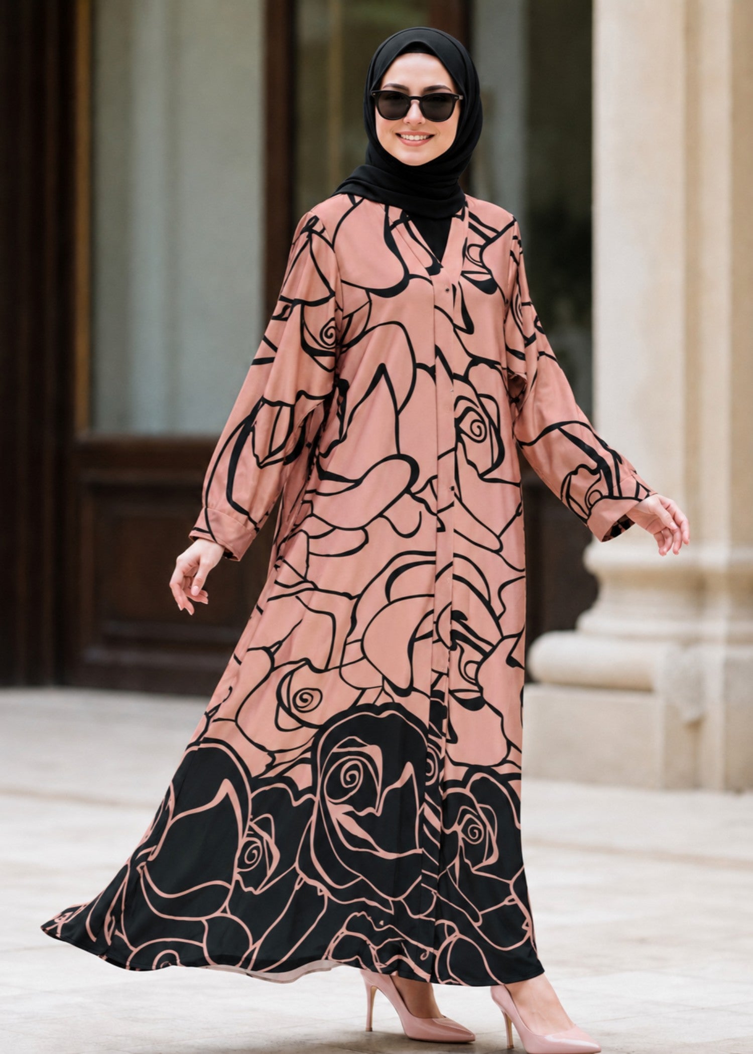 nidha Abaya in Black, melon pink