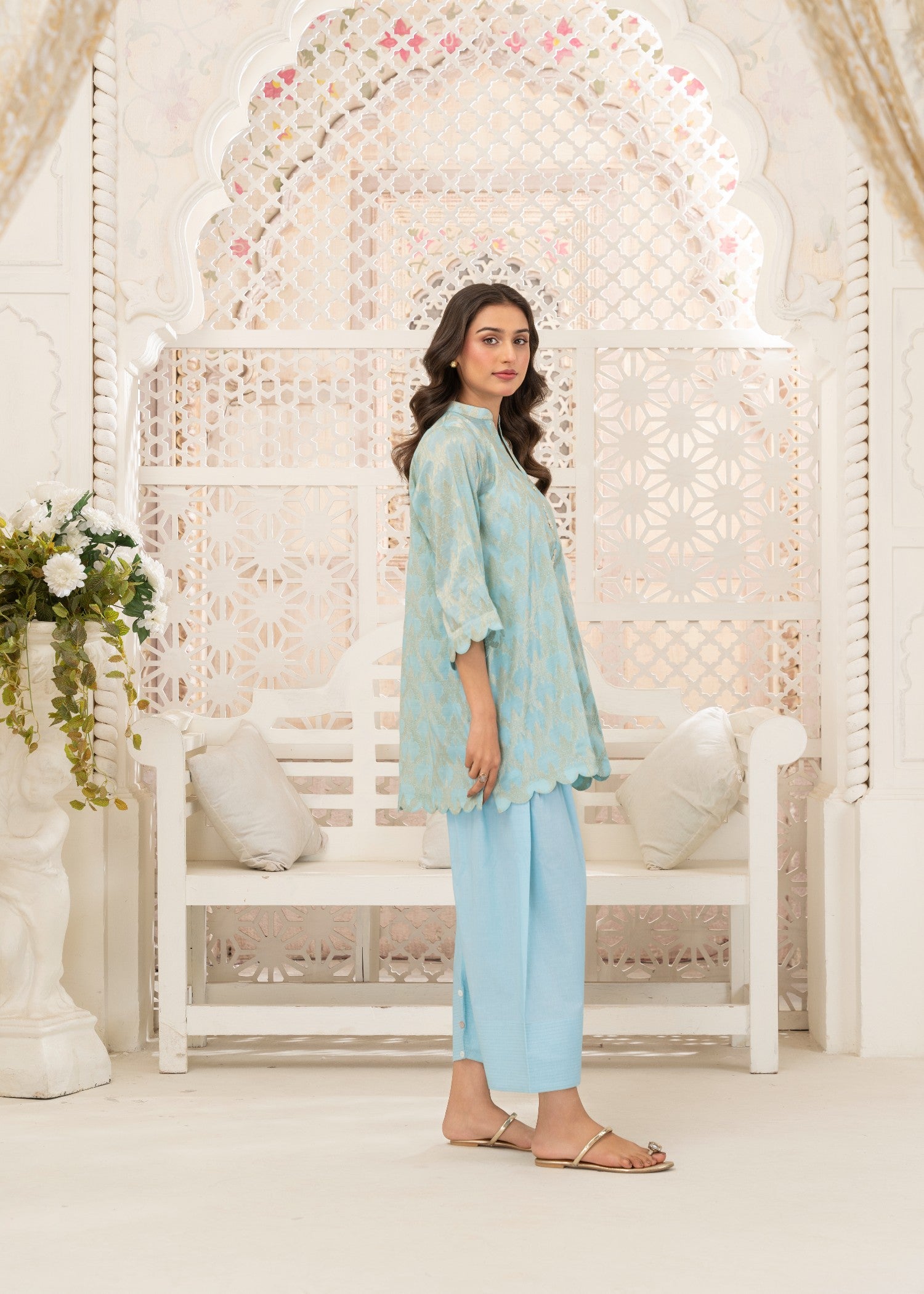 jacquard Kurta Set in Sky blue