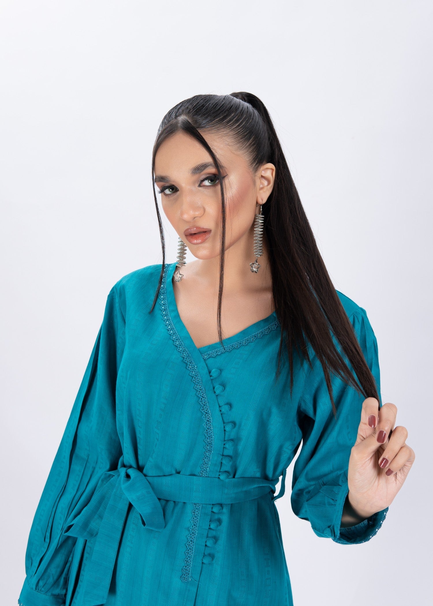 textured lawn Tunic in Bondi blue