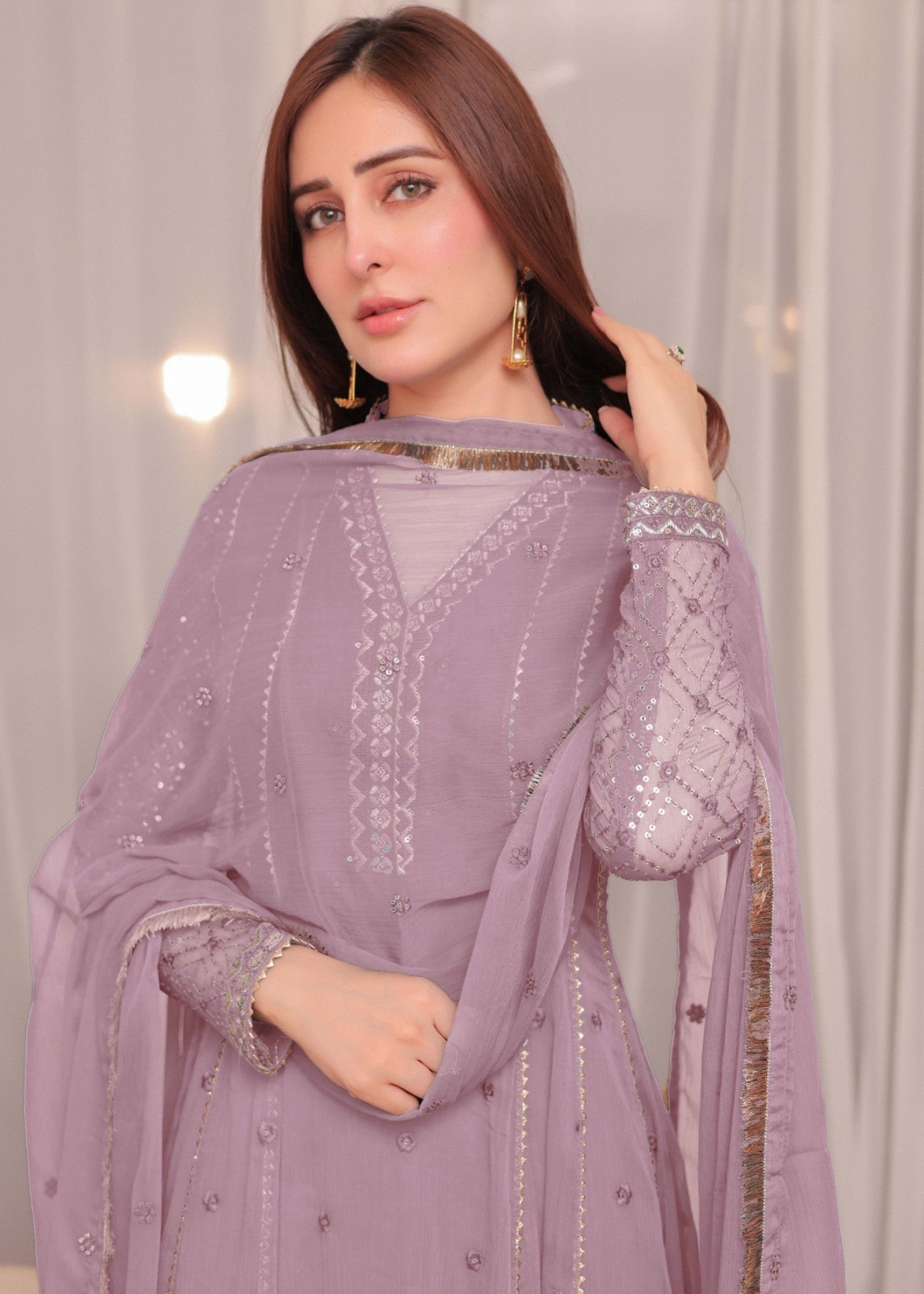 chiffon Anarkali in Mauve pink