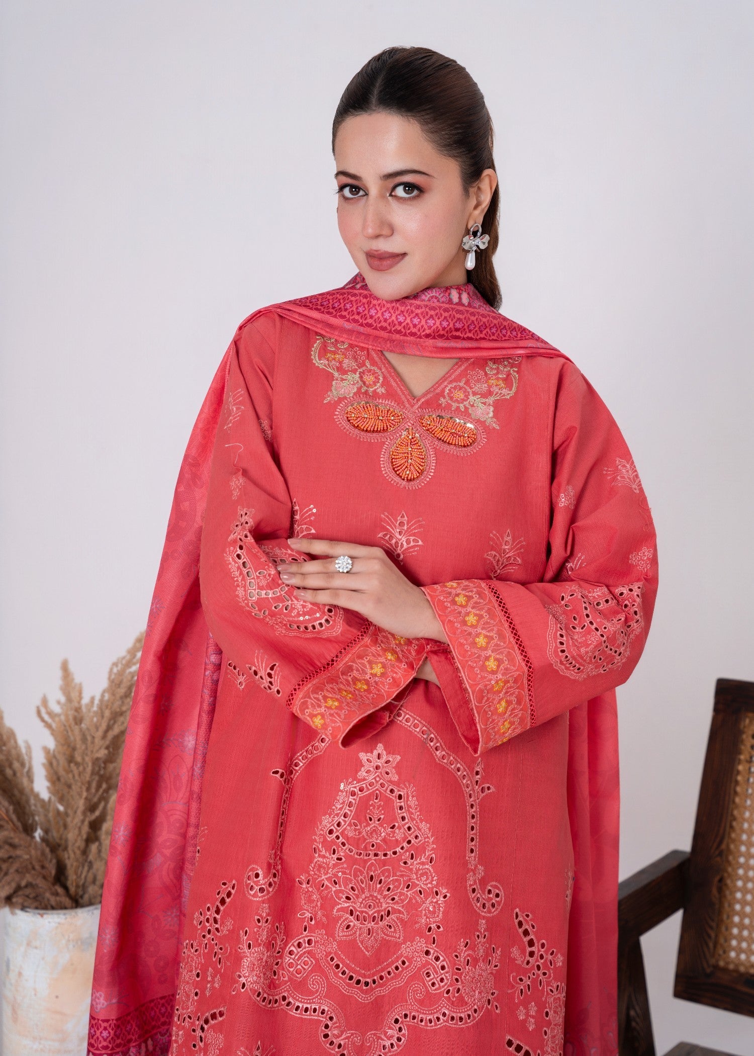khaddar Kurta Set in Coral pink