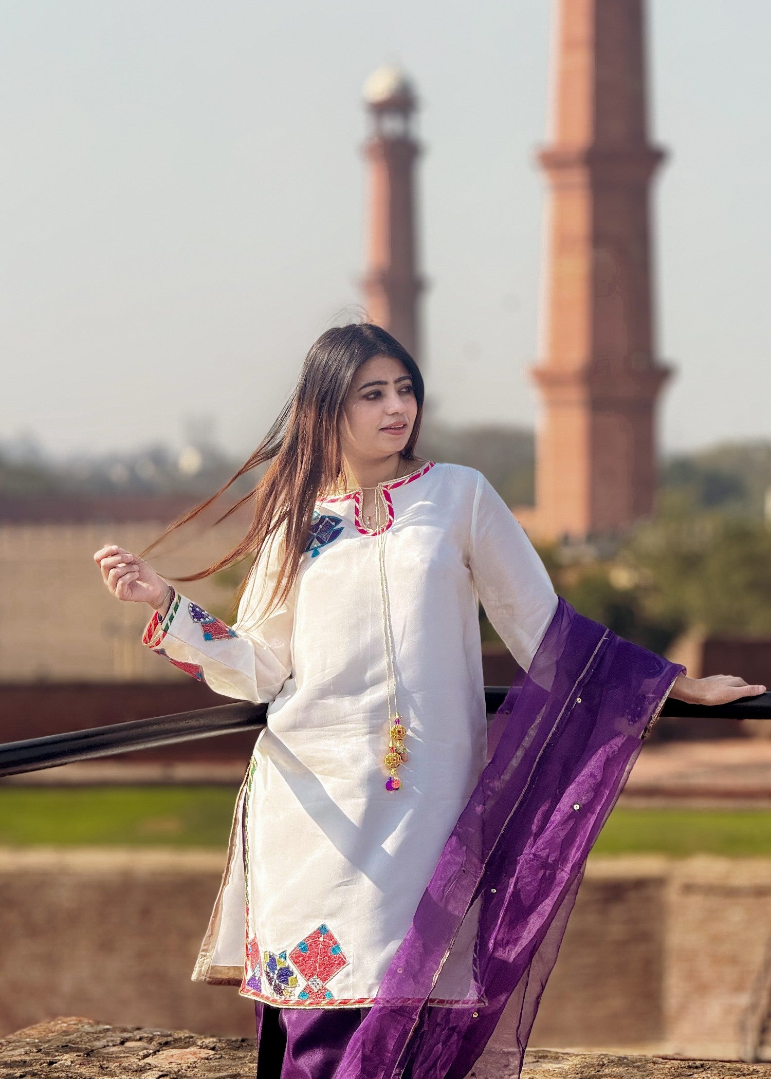 polyester-silk blend Kurta Set in Purple, eggshell