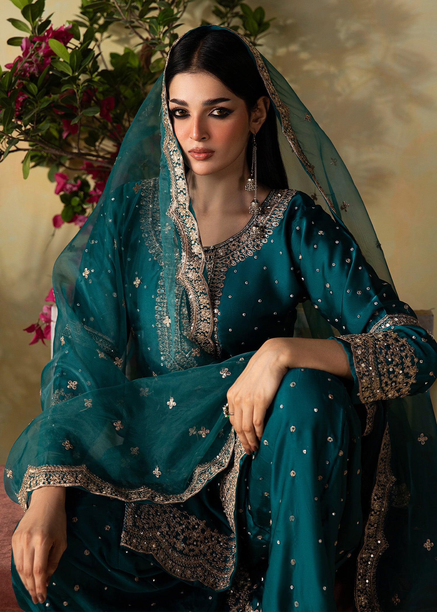 silk charmeuse Kurta Set in Teal