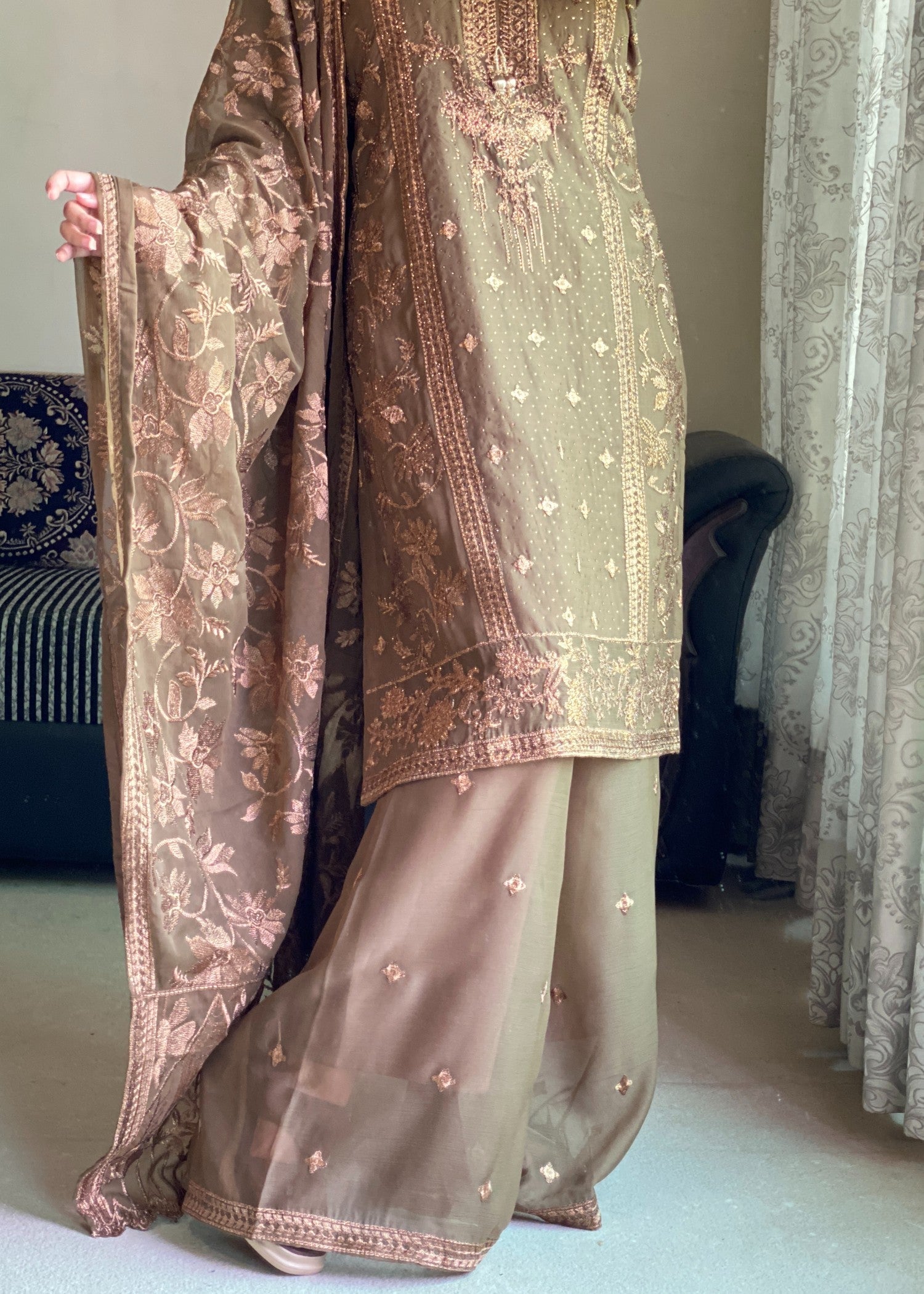 chiffon Kurta Set in Chocolate brown