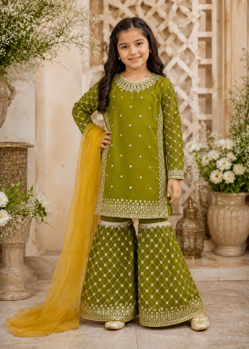 chiffon Gharara in Olive green