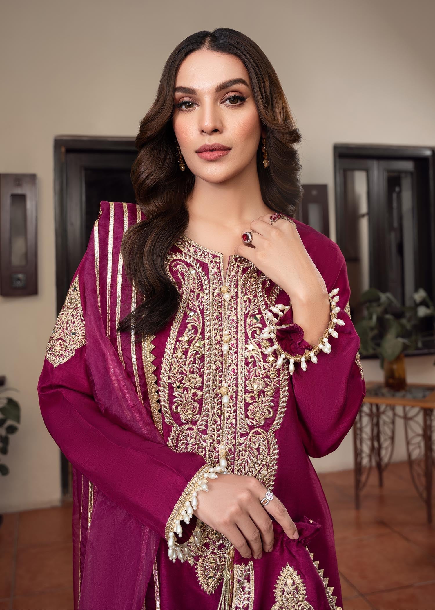 khaddi silk Kurta Set in Magenta
