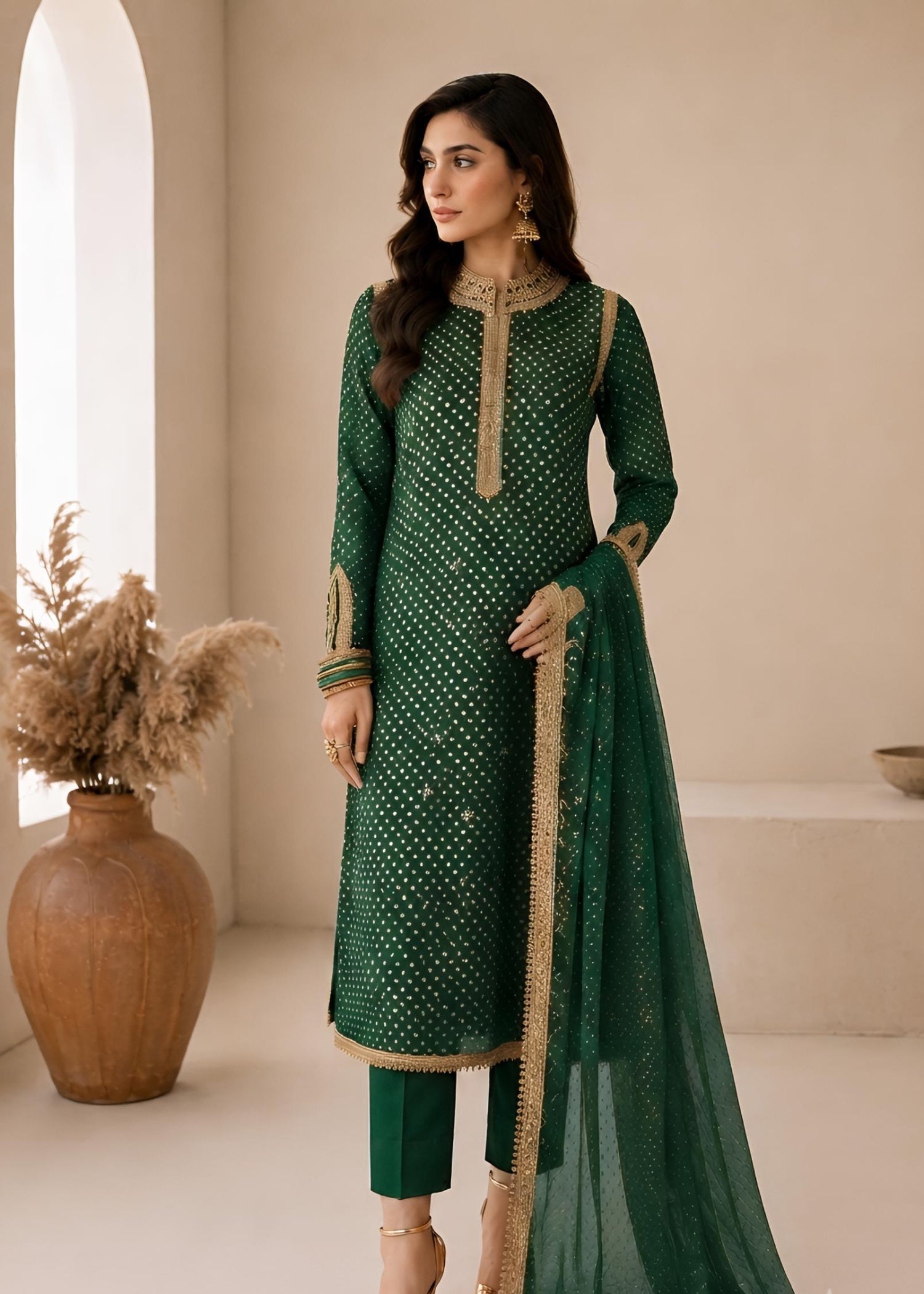 swiss lawn Kurta Set in Bottle green