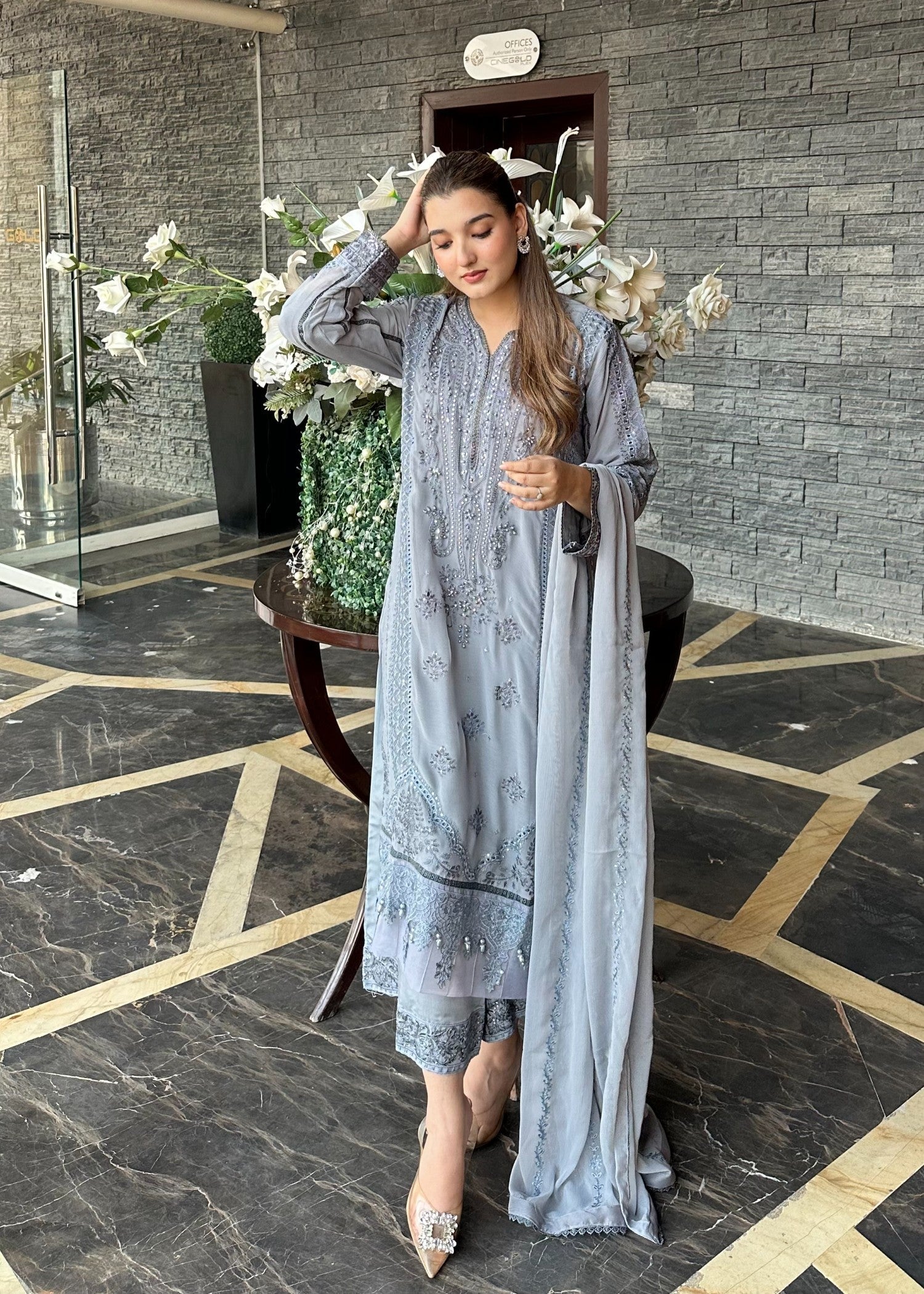 chiffon Kurta Set in Duck egg grey