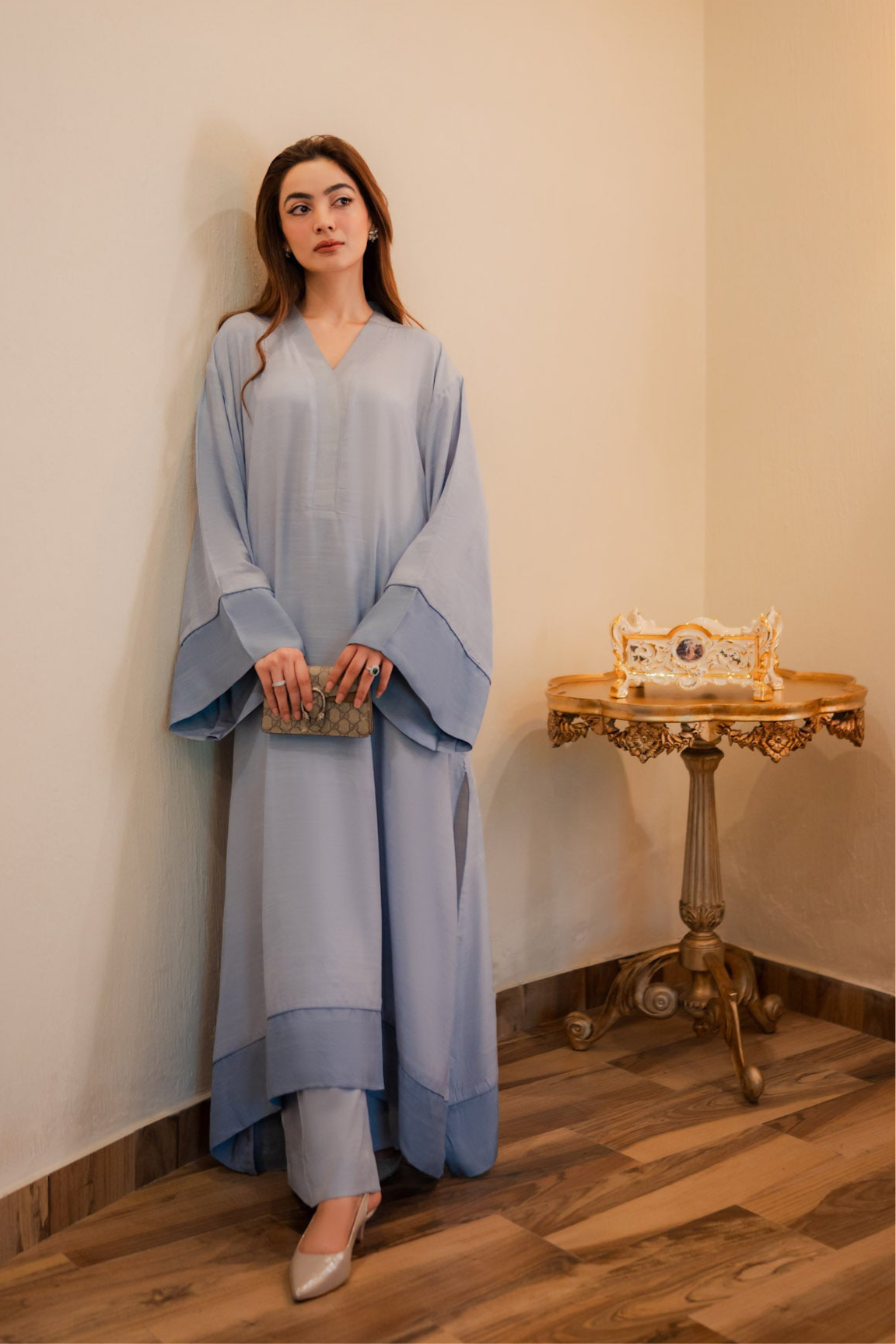 silk Kaftan in Powder blue