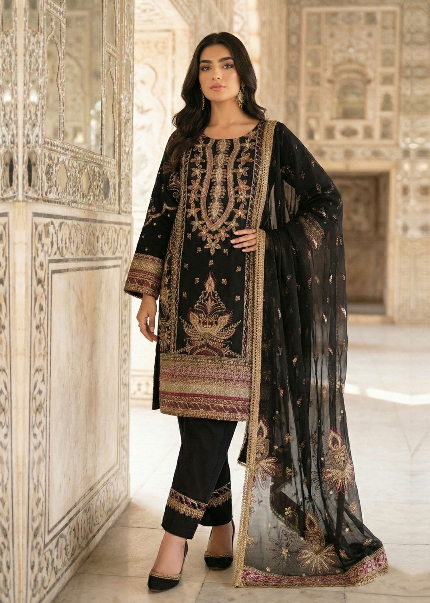 organza Kurta Set in Black