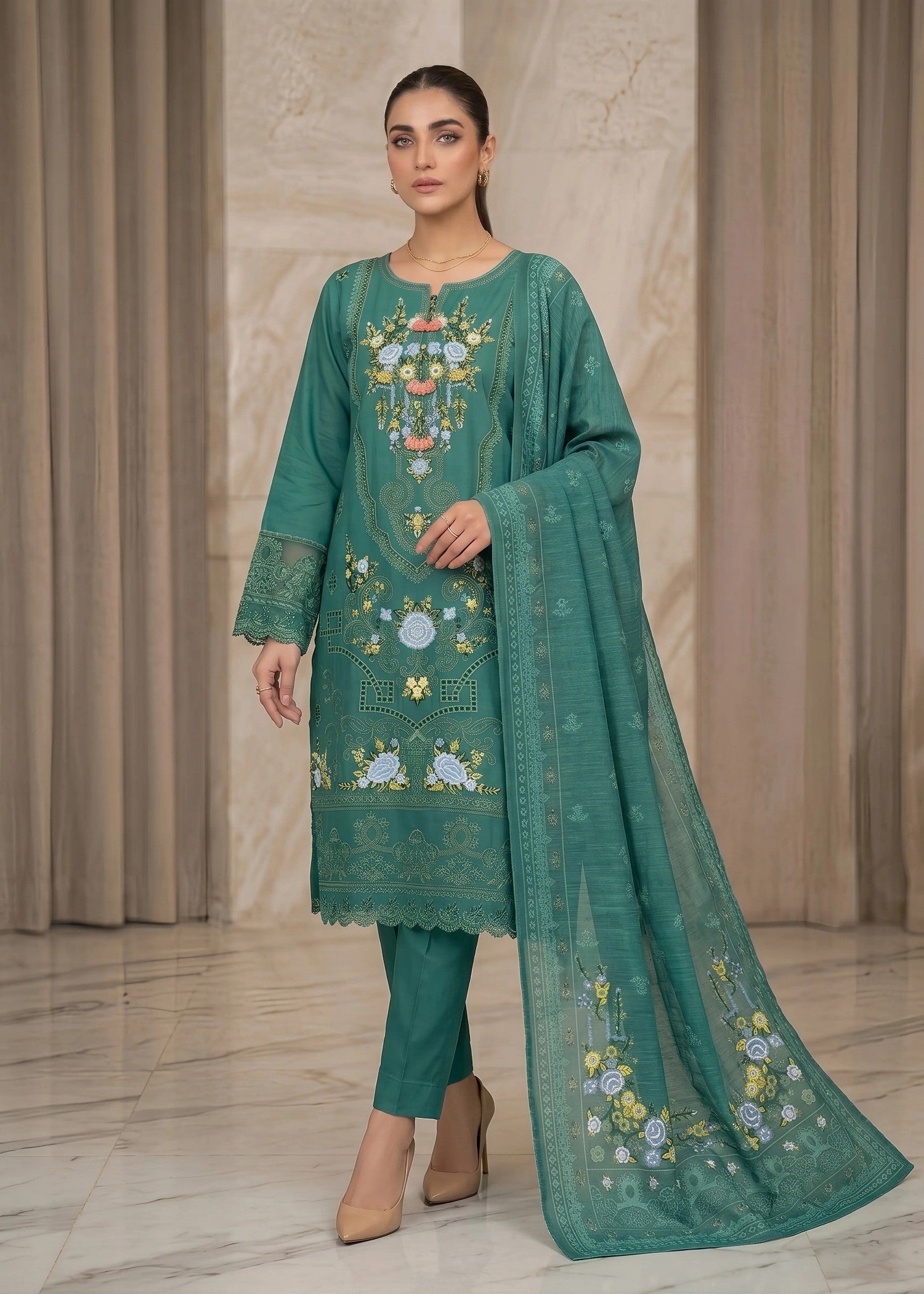 cotton linen Kurta Set in Bottle green