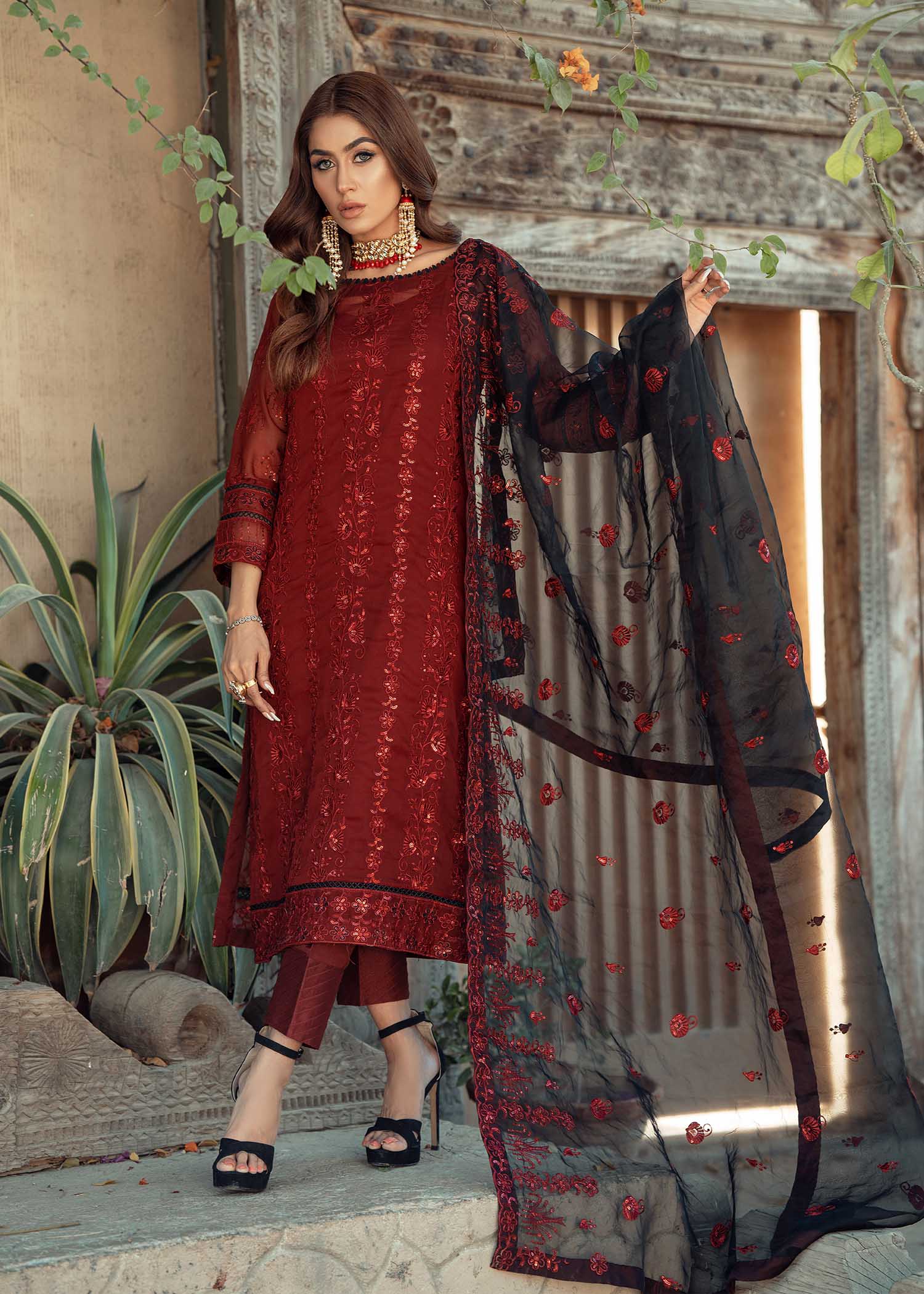 chiffon Unstitched in Maroon