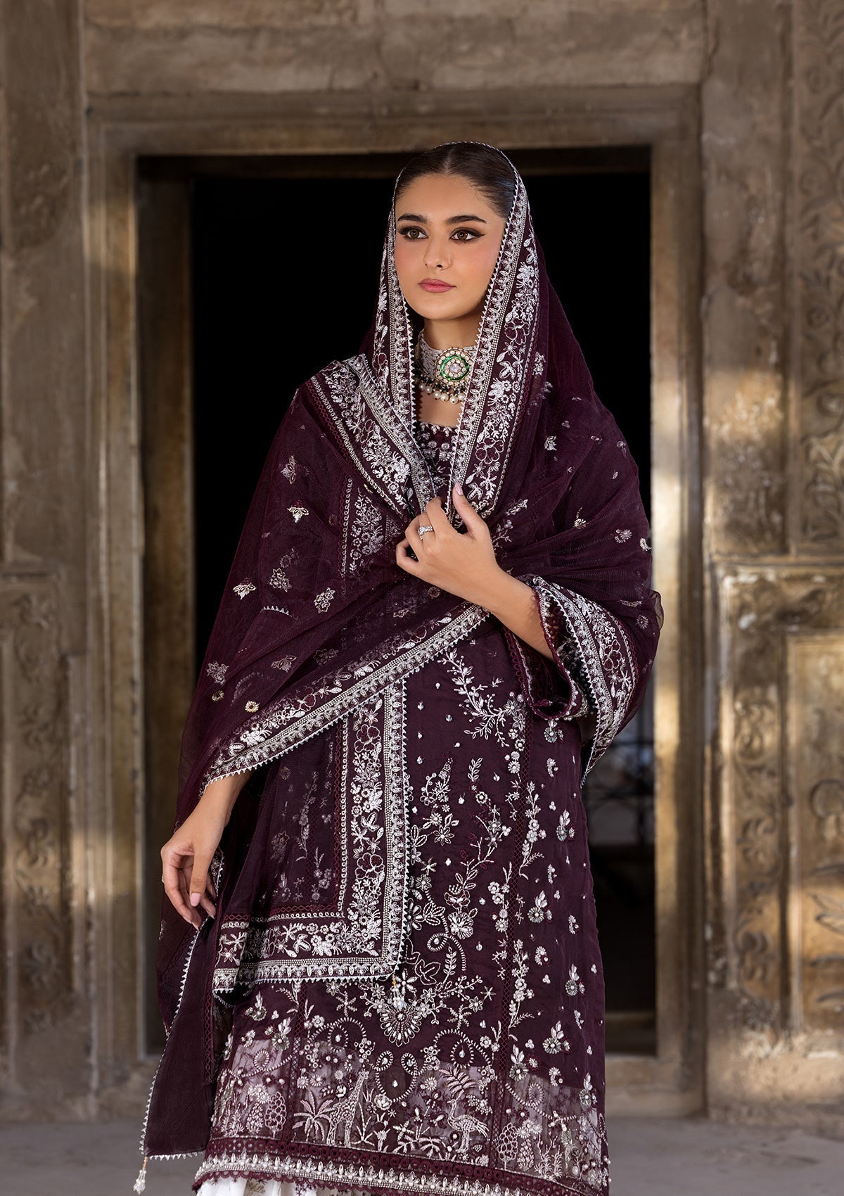 organza Gharara in Plum