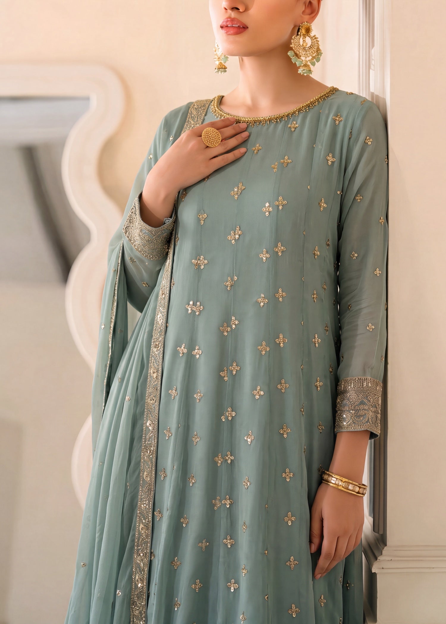 chiffon Pishwas in Moss green