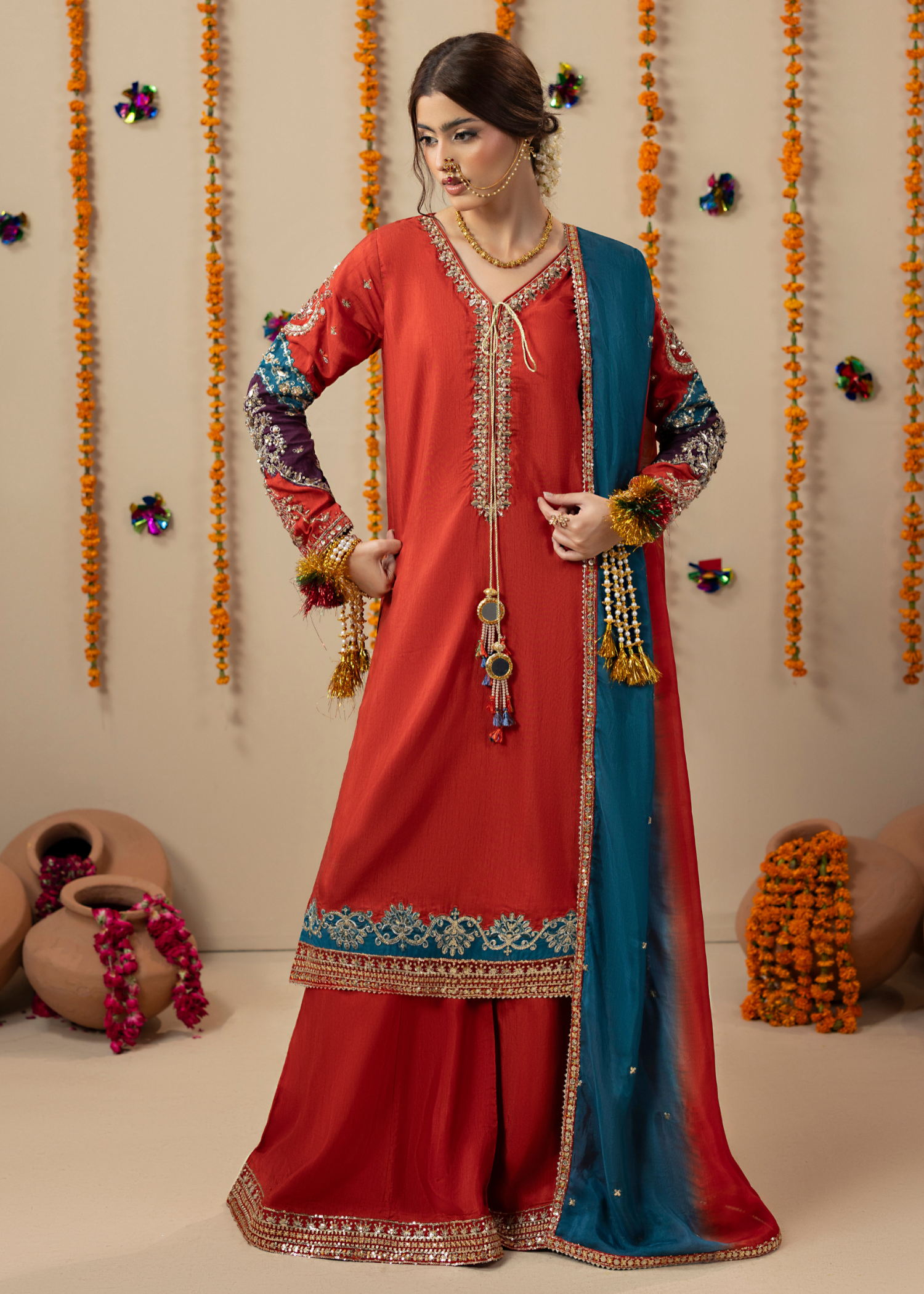 raw silk Kurta Set in Rust orange