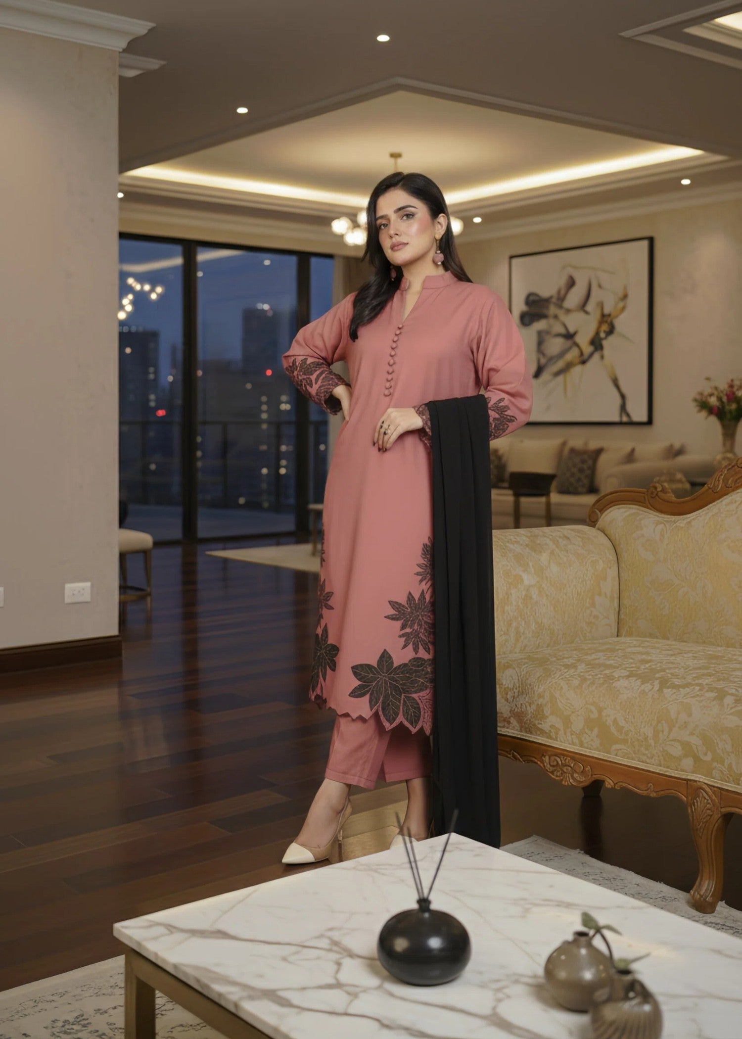 linen chambray Kurta Set in Tea rose pink