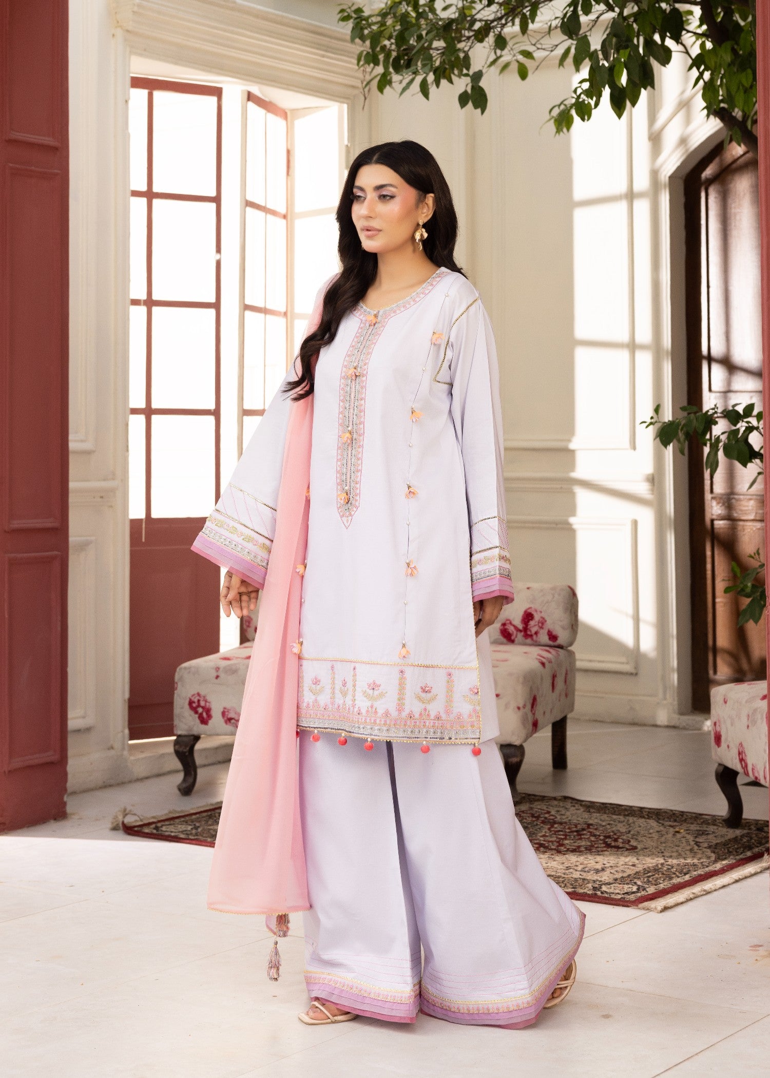 jacquard Kurta Set in Lilac