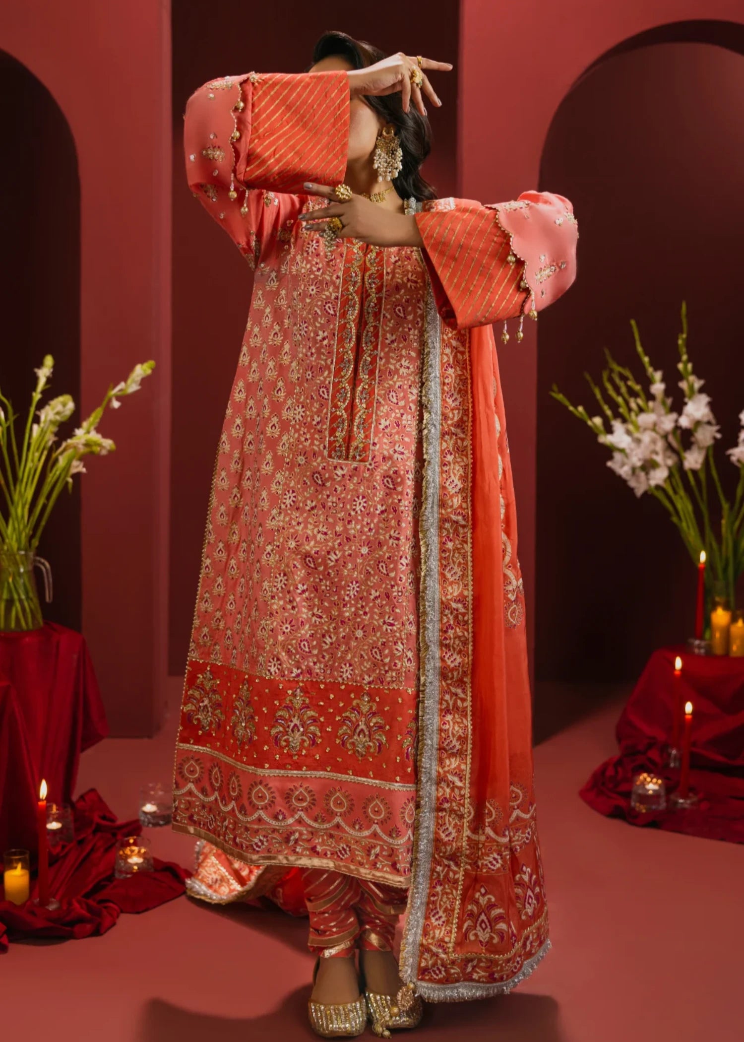 raw silk Unstitched in Coral orange