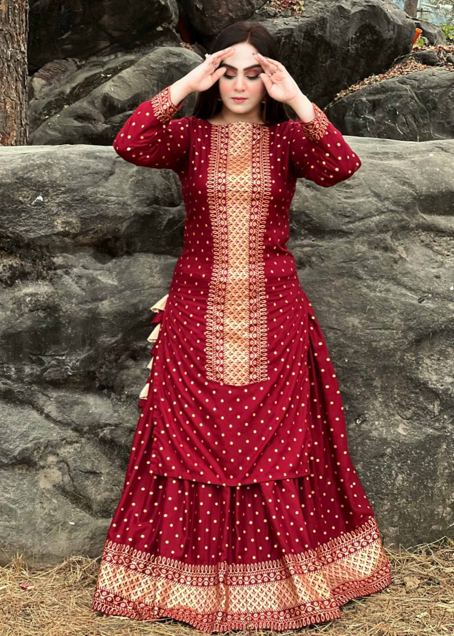 linen Lehenga in Maroon