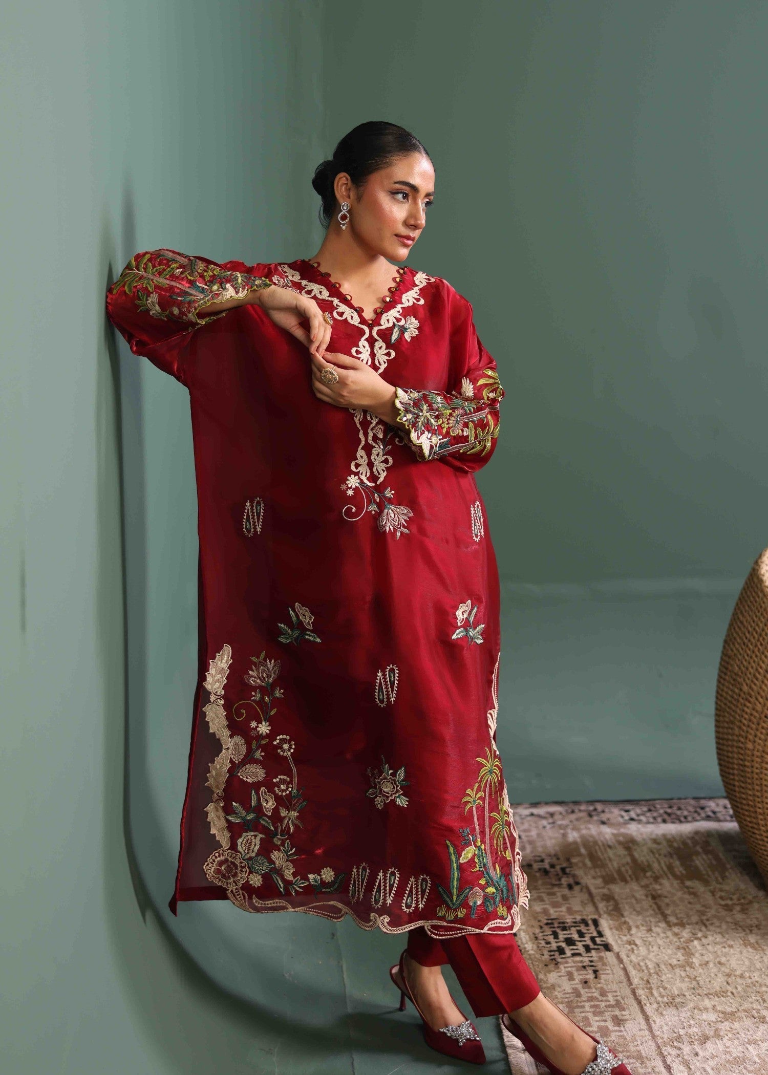 tussar silk Kaftan in Maroon