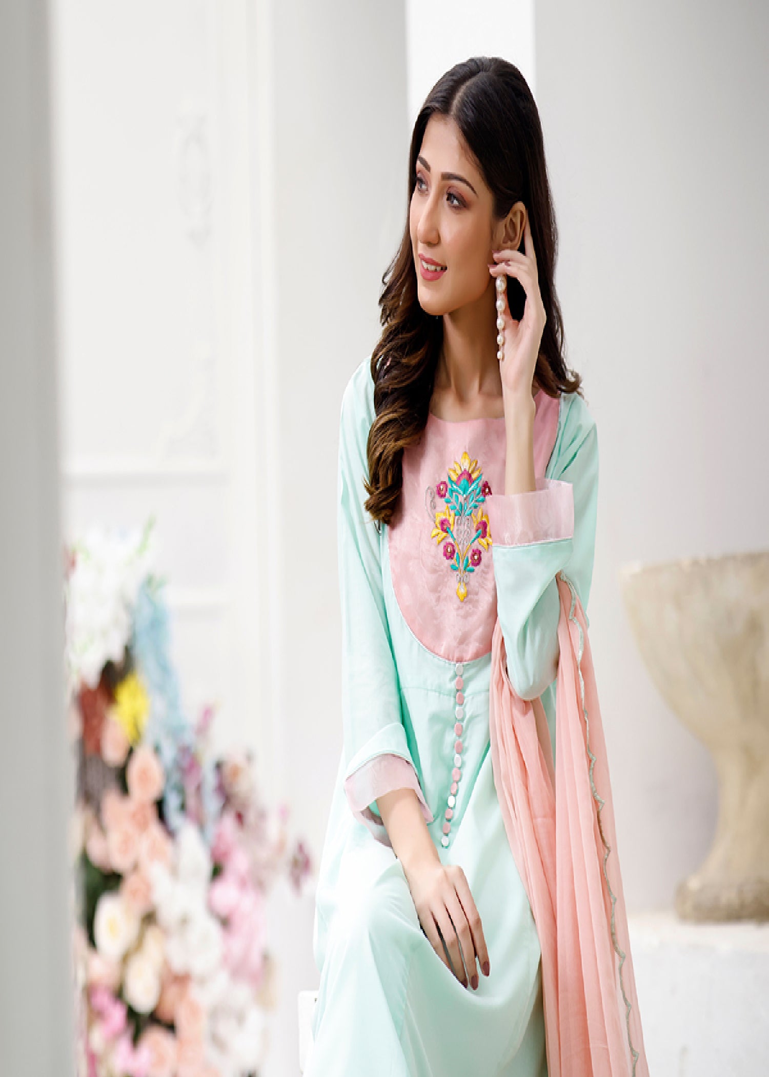 blended grip silk Pishwas in Sky blue