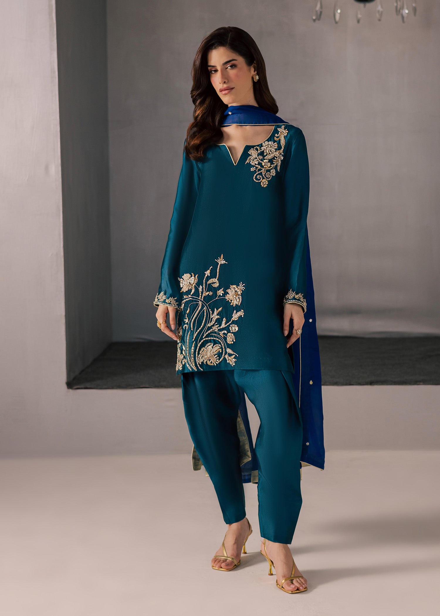 tussar silk Kurta Set in Teal