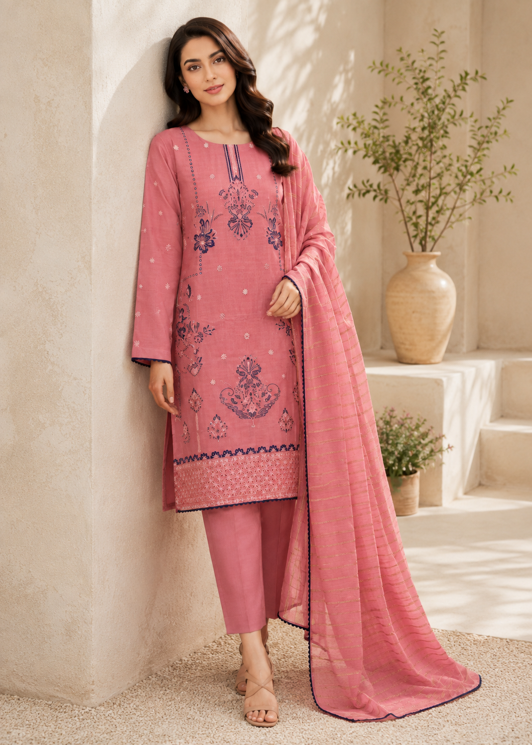cotton Kurta Set in Coral pink
