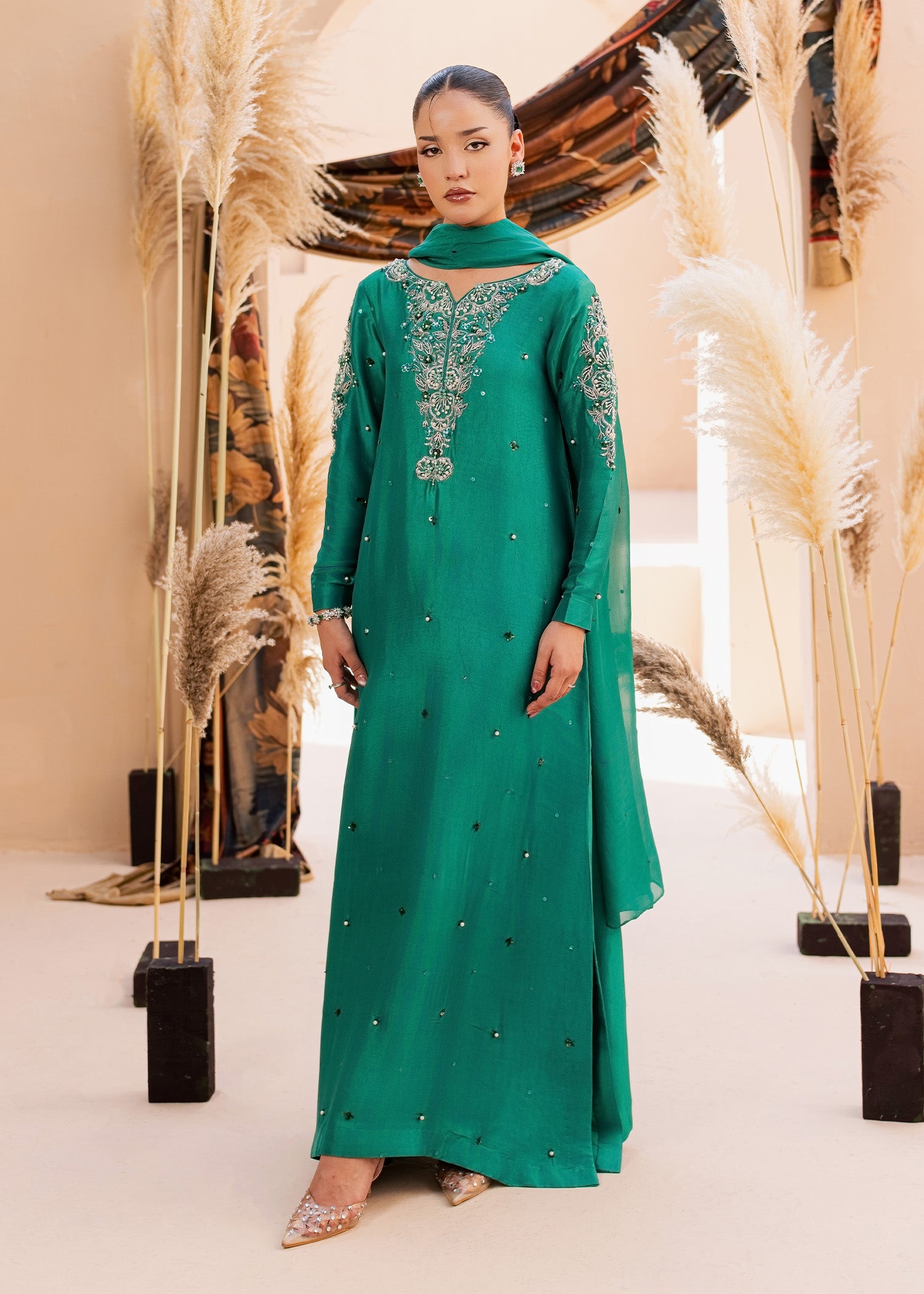 tussar silk Kaftan in Sea green