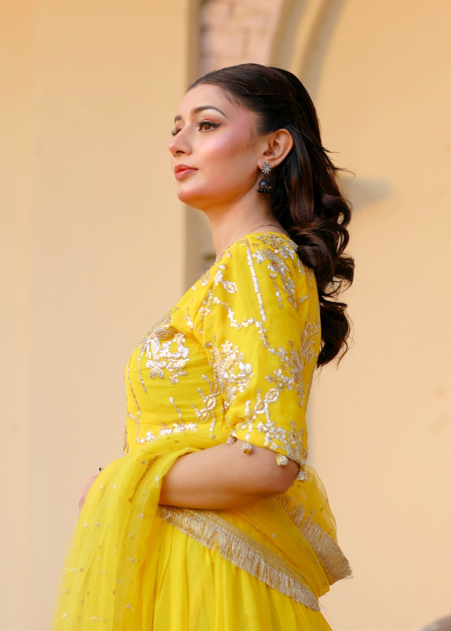 bemberg crinkle chiffon Lehenga in Yellow