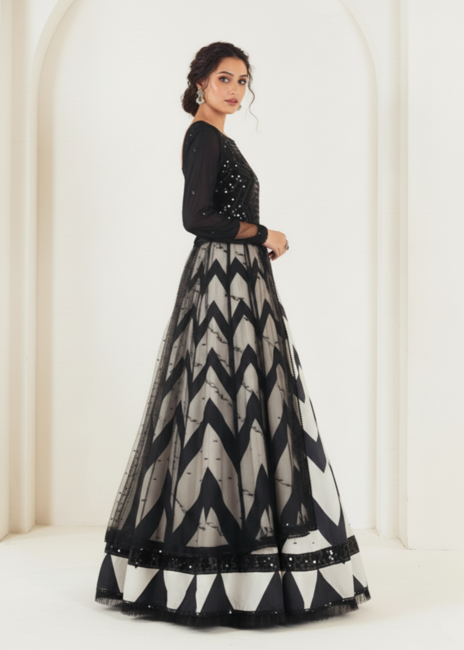 net Lehenga in White, black