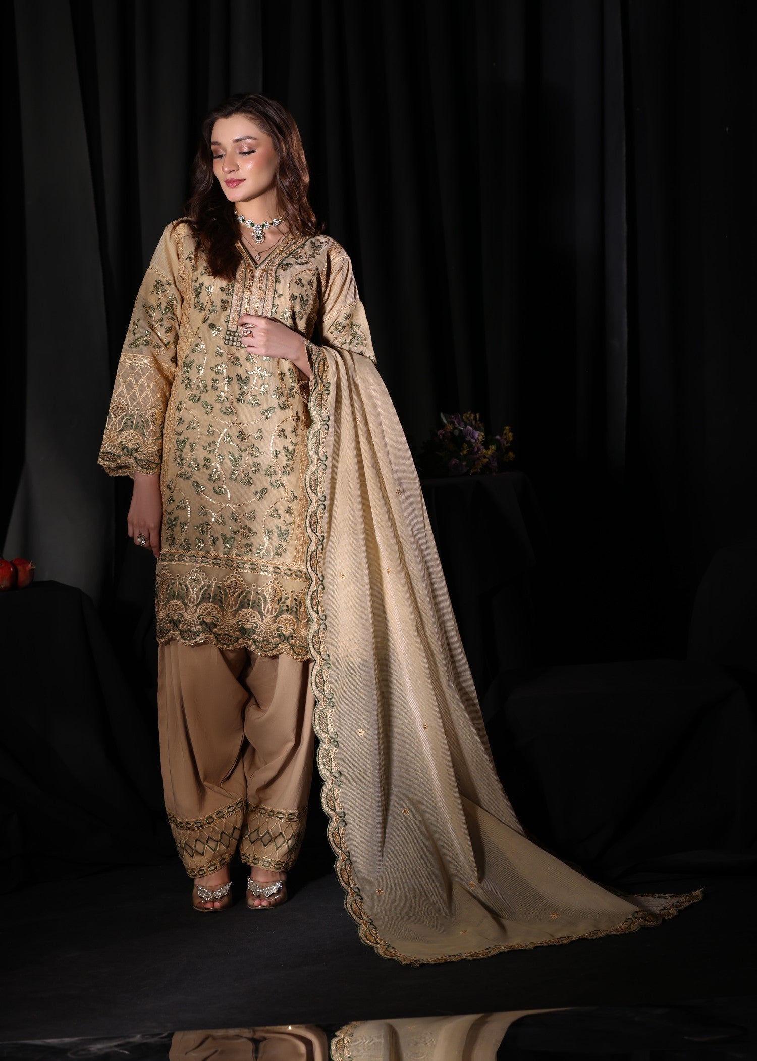 khaddi net Kurta Set in Khaki brown