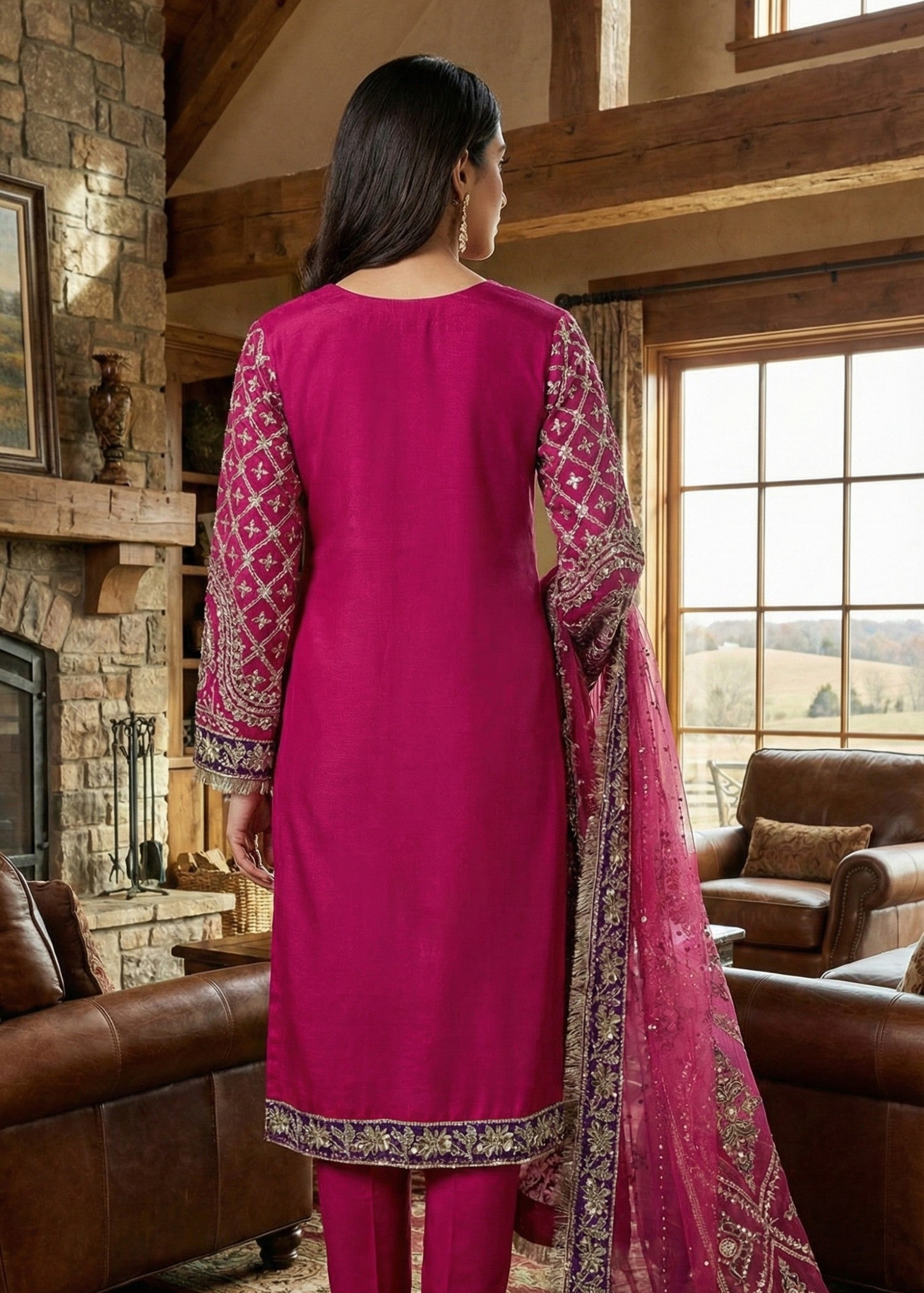 grip Kurta Set in Magenta