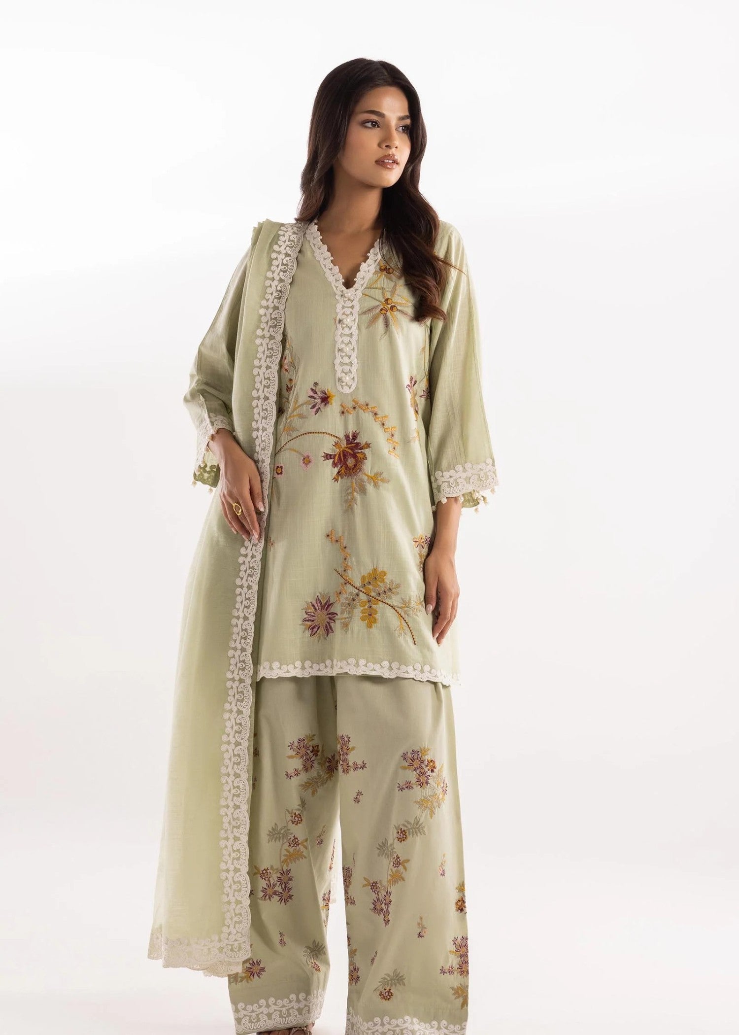 slub lawn Kurta Set in Pastel green