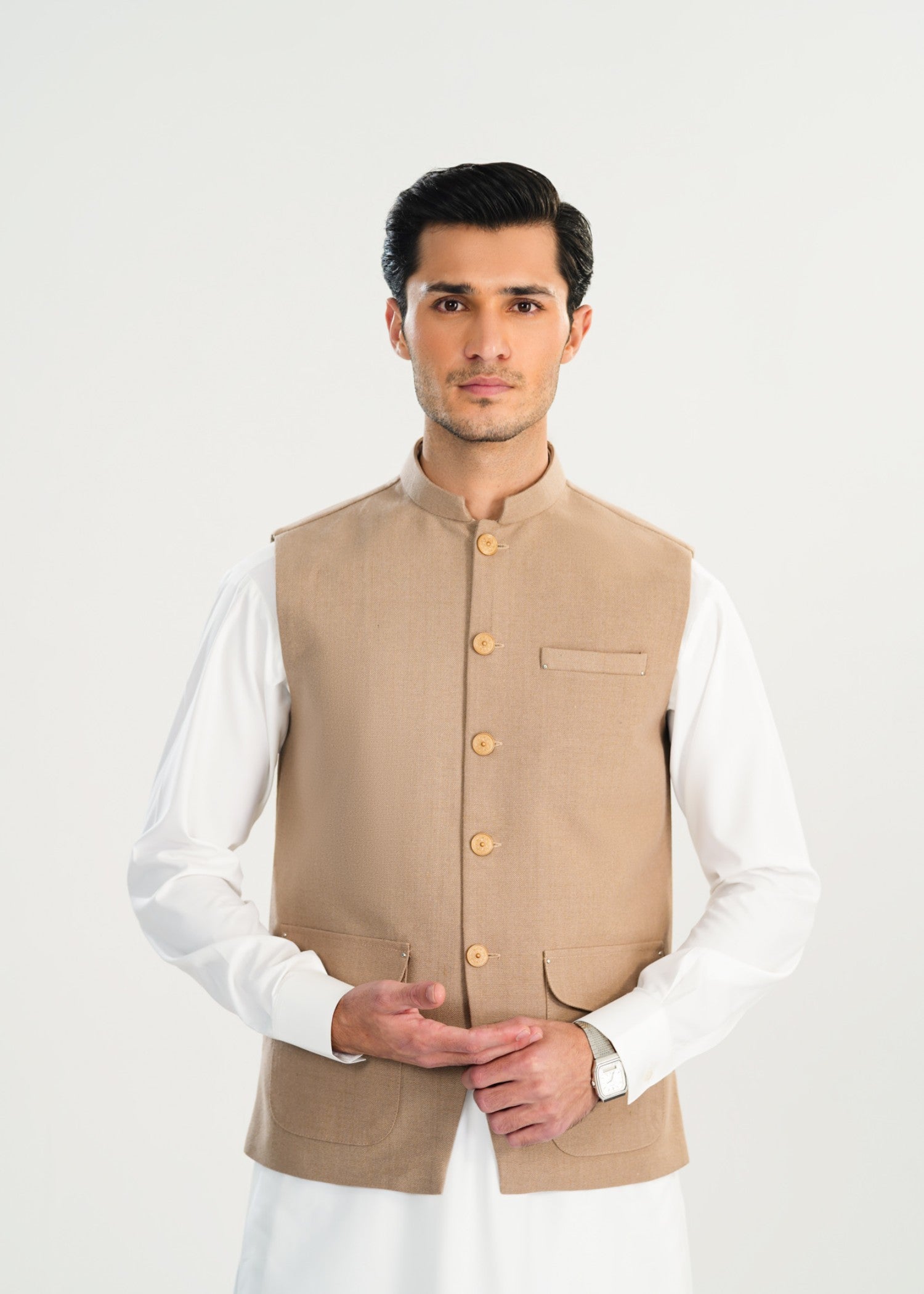 handwoven khaddar Waistcoat in Off-white, beige by Muraqsh