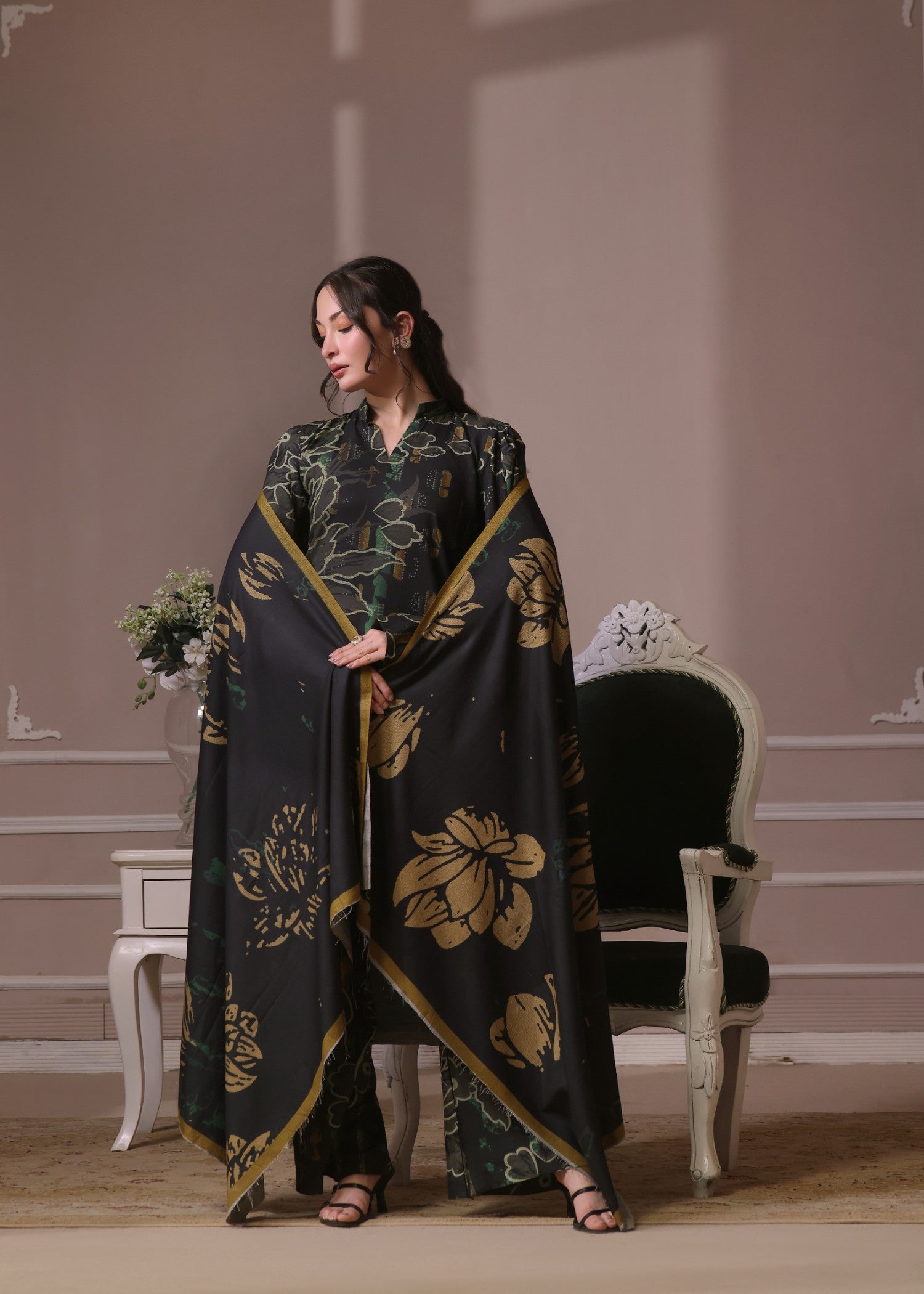 twill khaddar Kurta Set in Jet black