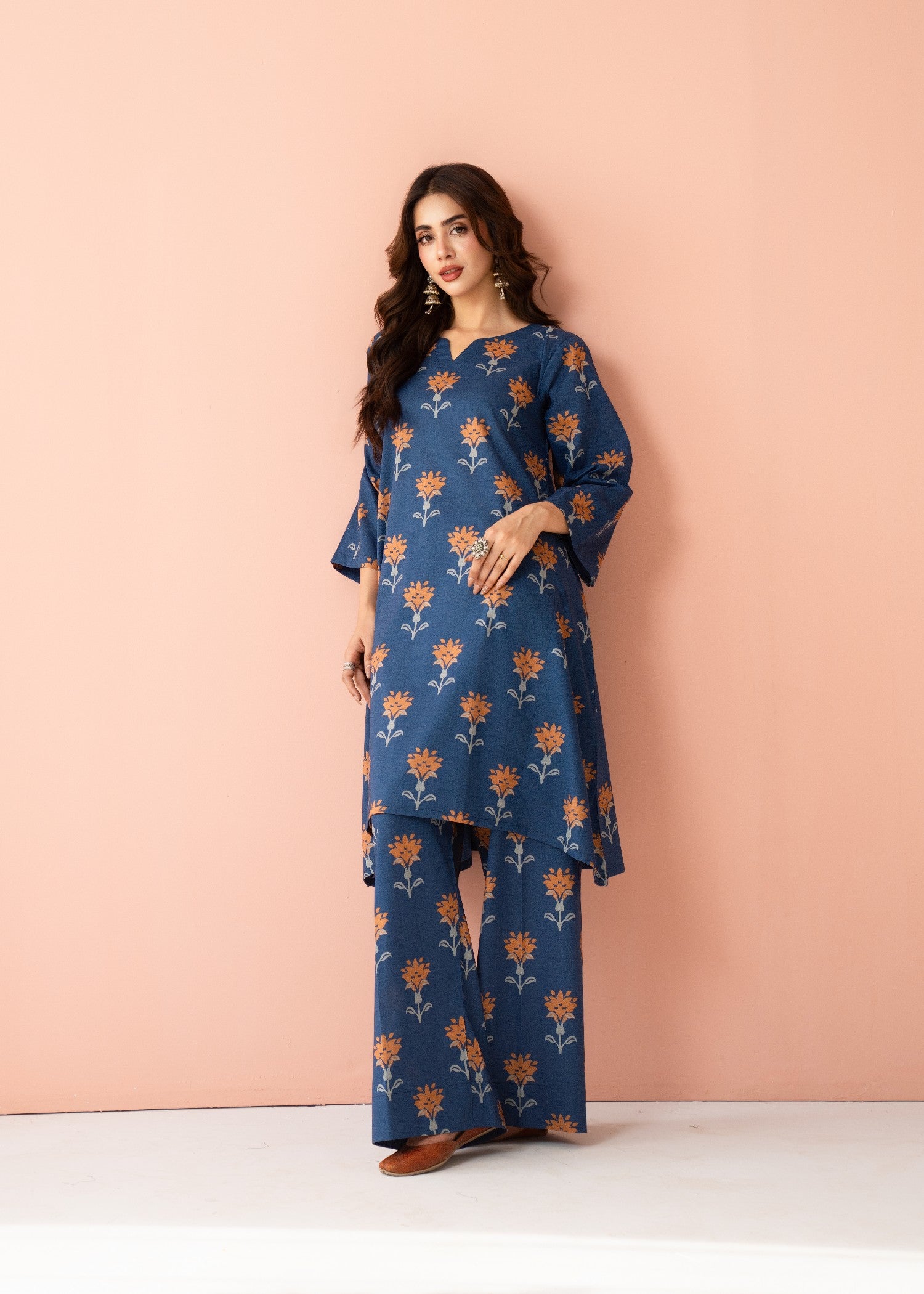 lawn cotton Short Frock in Navy blue