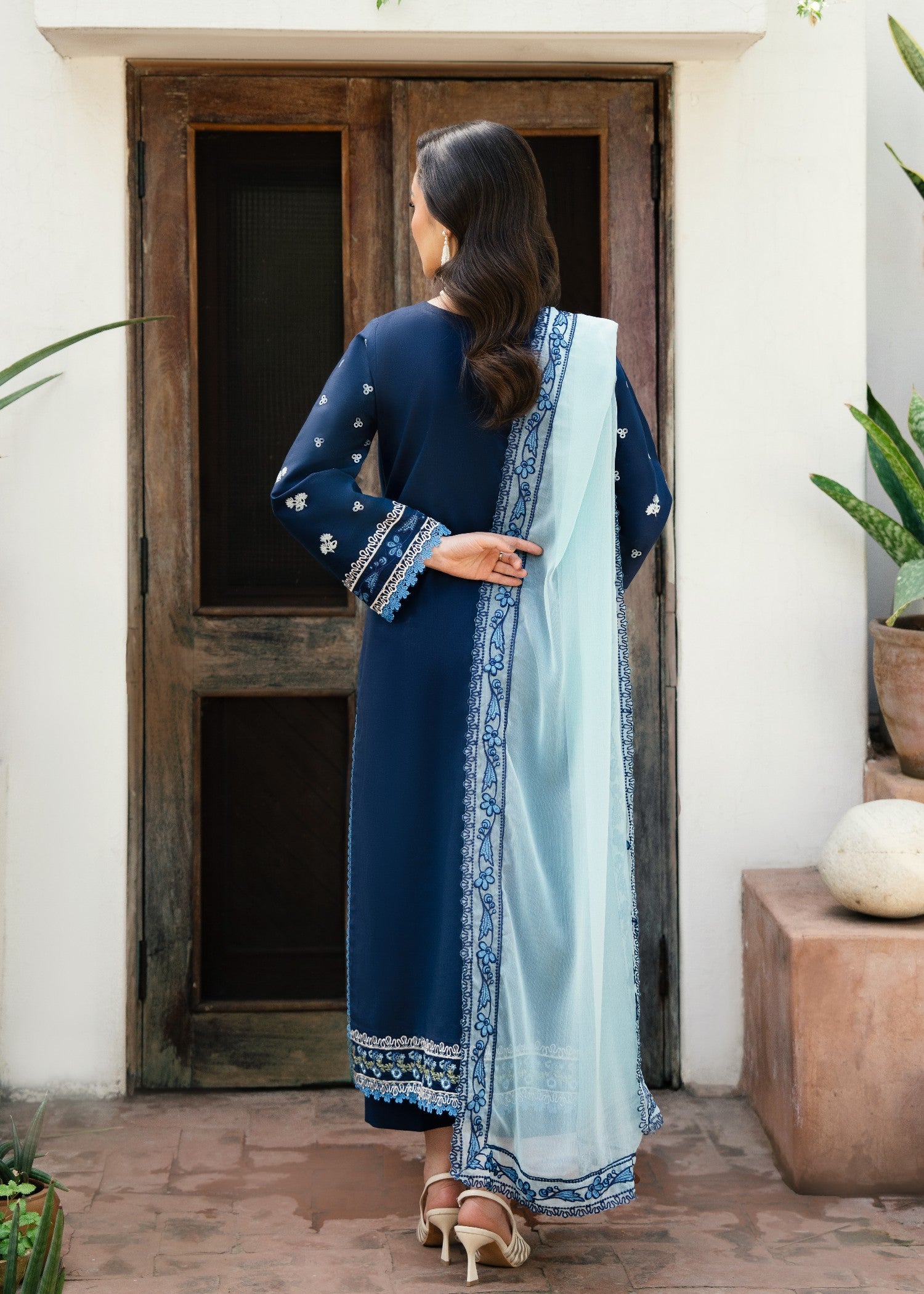 lawn Kurta Set in Powder blue, navy blue