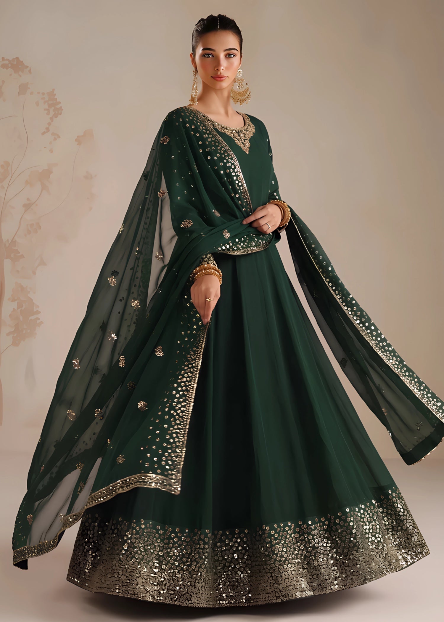 chiffon Pishwas in Bottle green