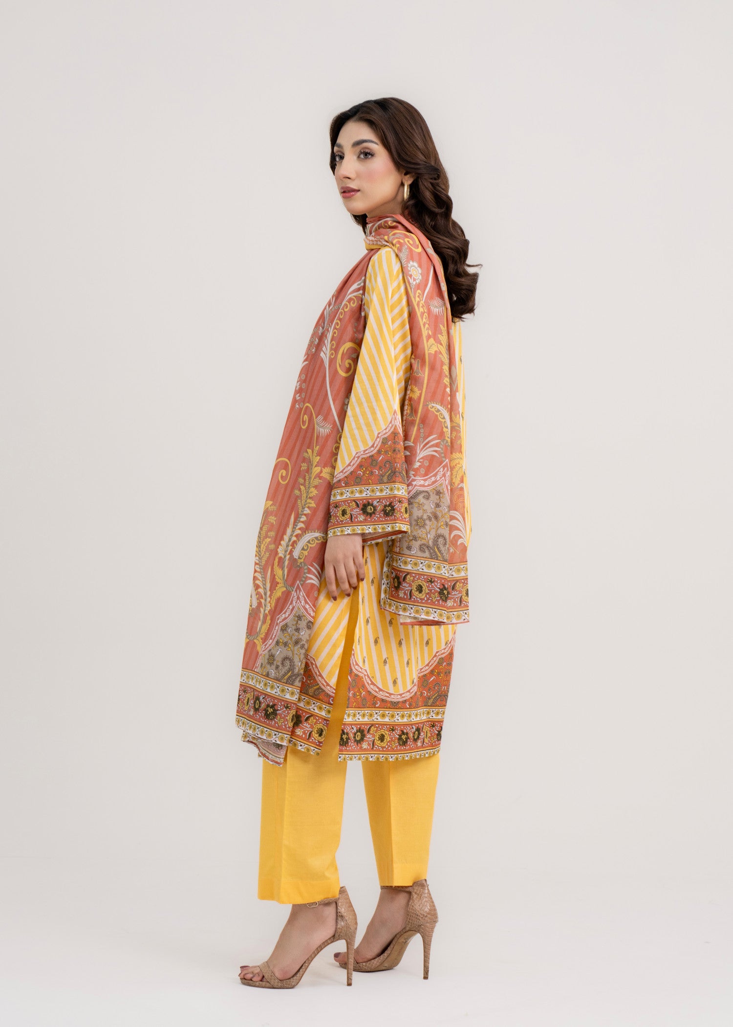 lawn Unstitched in Peach pink, yellow