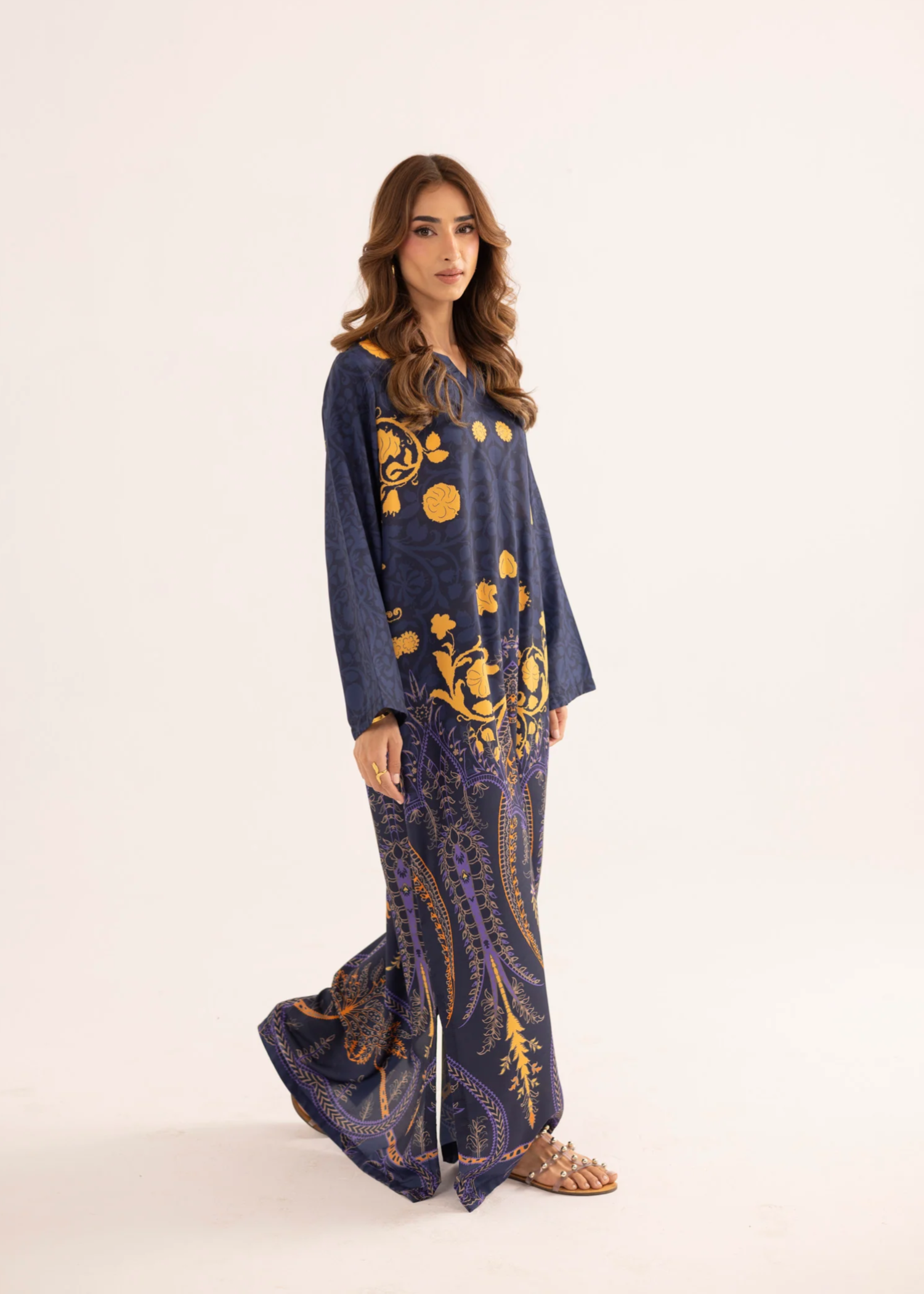 silk finish lawn Kaftan in Navy blue