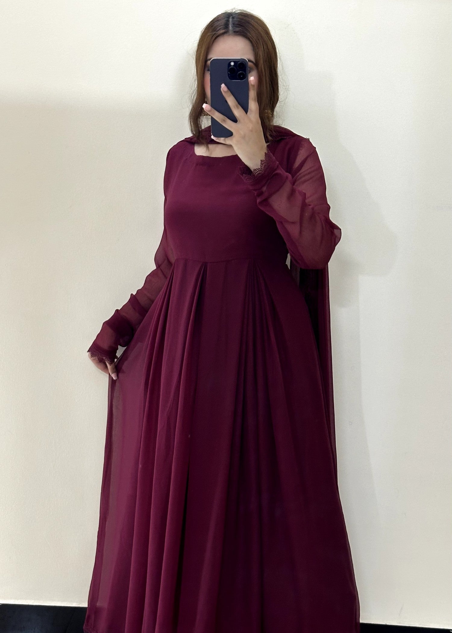 bemberg crinkle chiffon Anarkali in Burgundy