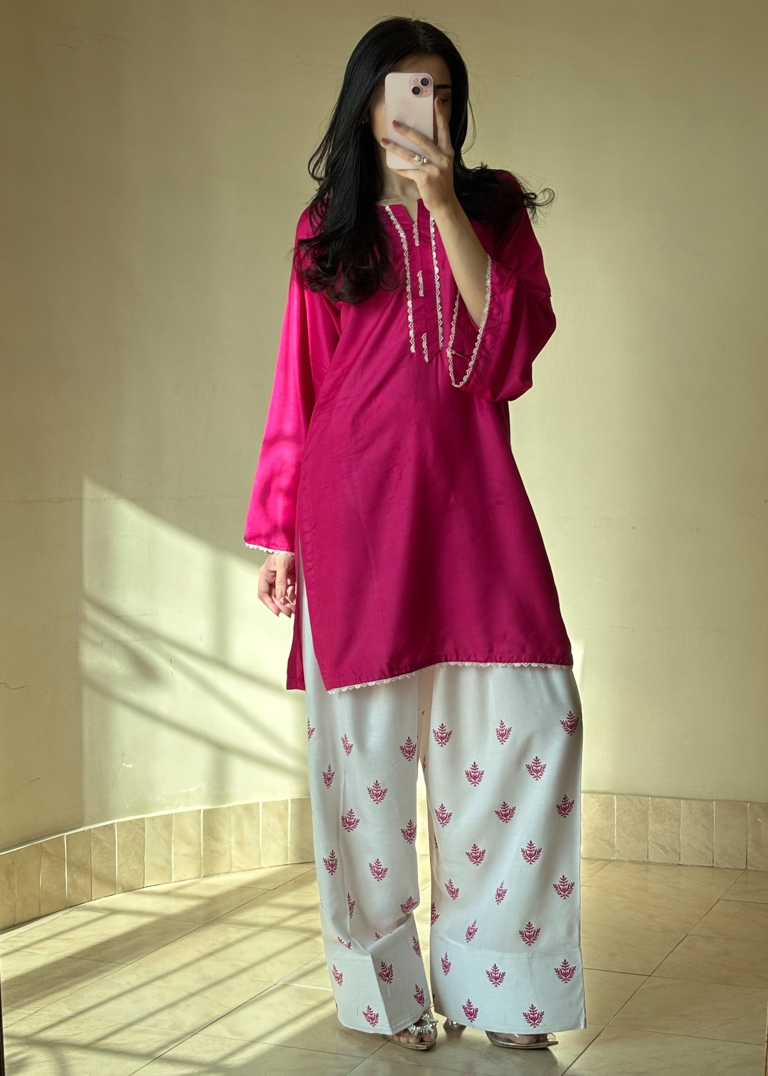 arabic lawn Kurta Set in Hot pink red