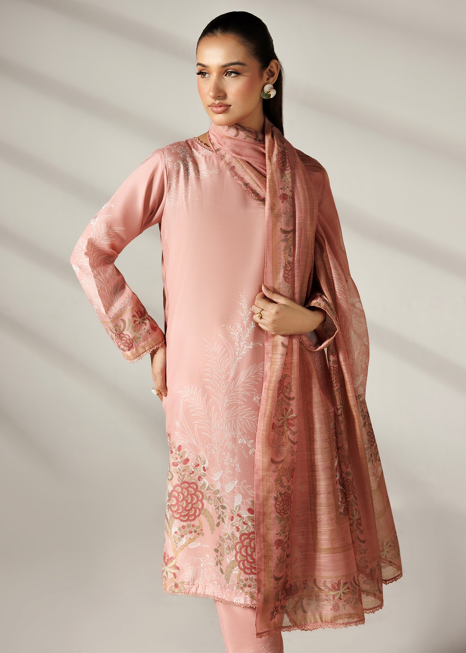 silk finish lawn Kurta Set in Peach pink