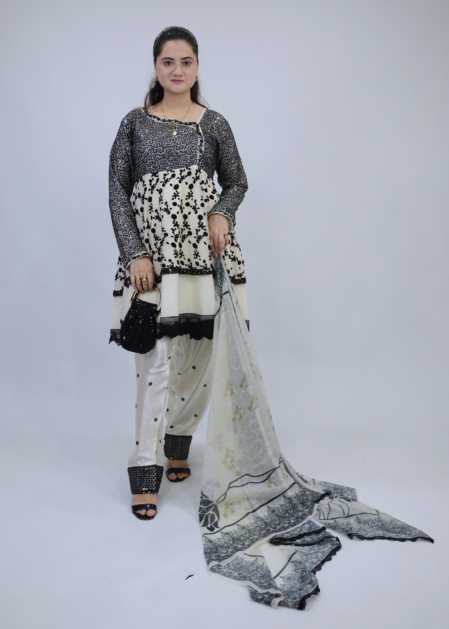chiffon Short Frock in White, off-white, black