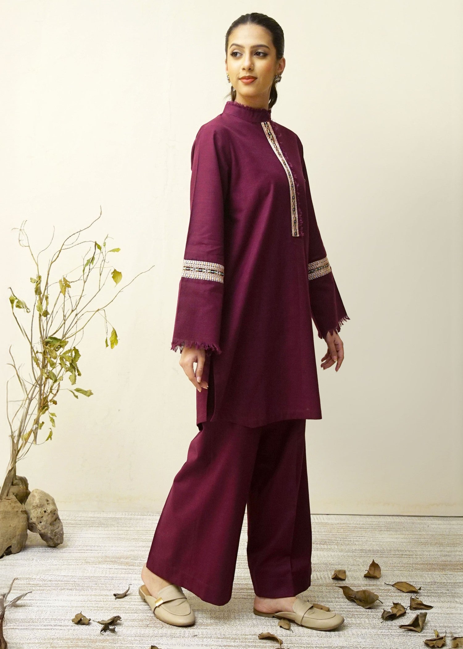 khaddar Kurta Set in Plum