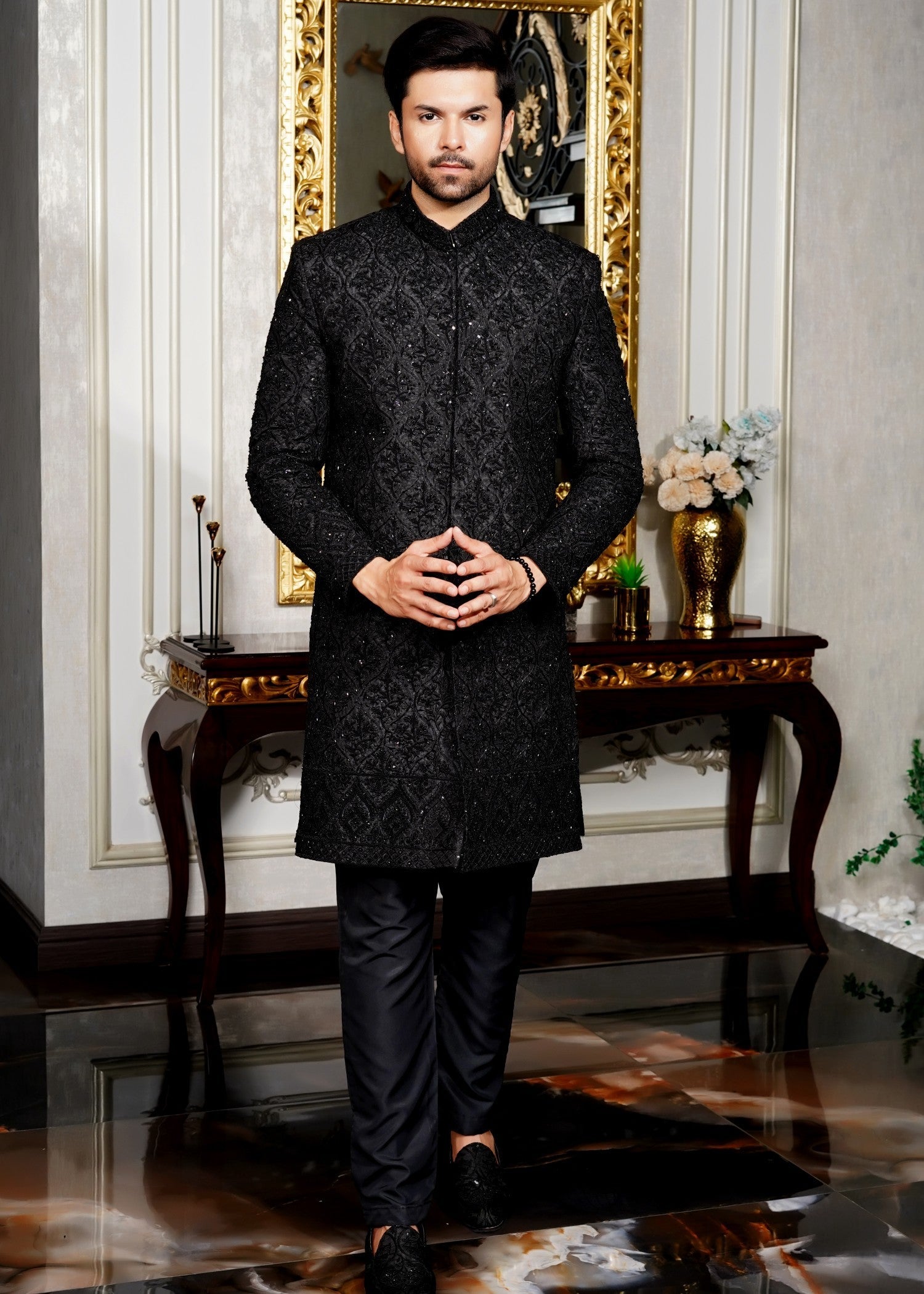 silk jamawar Sherwani in Black