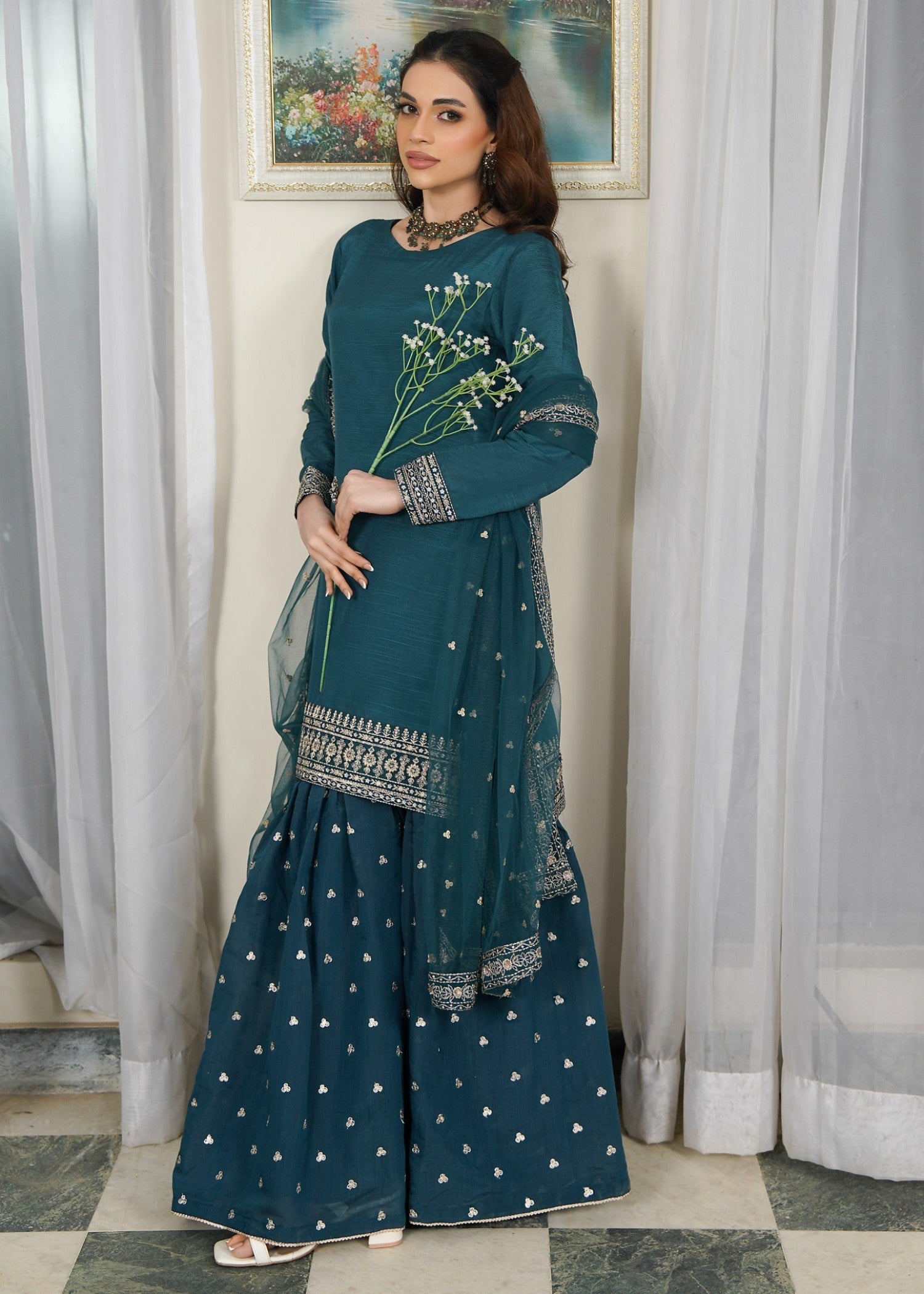 raw silk Gharara in Teal