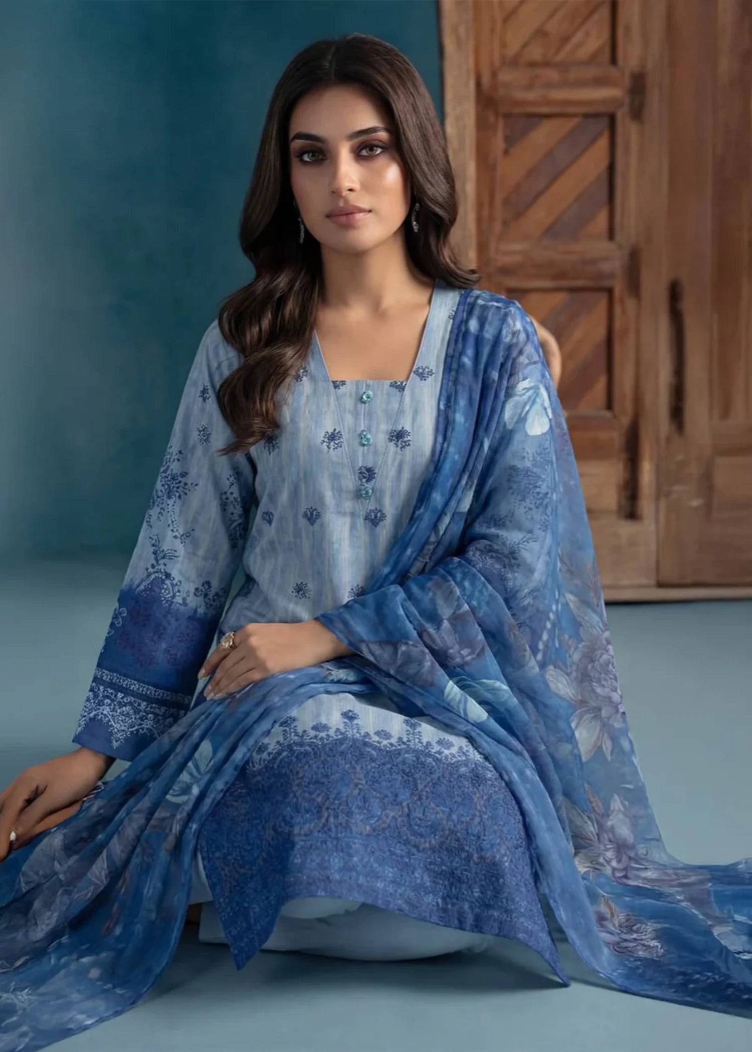lawn Unstitched in Light blue, royal blue