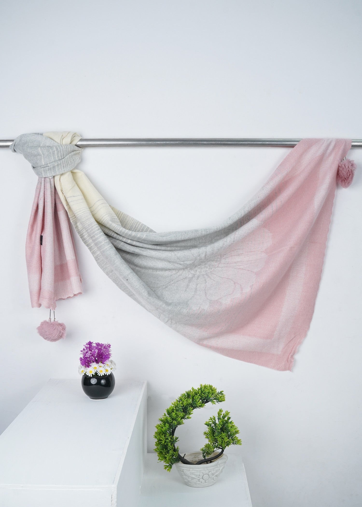 wool Hijab in Multi, white, rose pink
