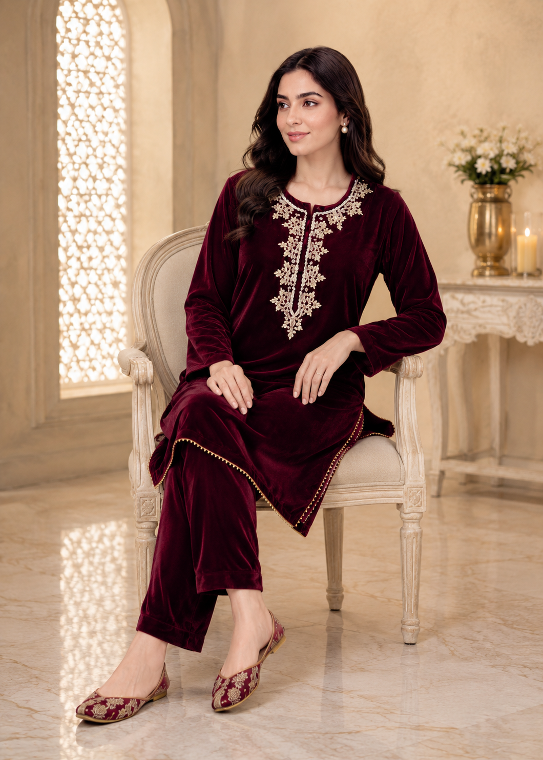chinese micro velvet 9000 Kurta Set in Maroon